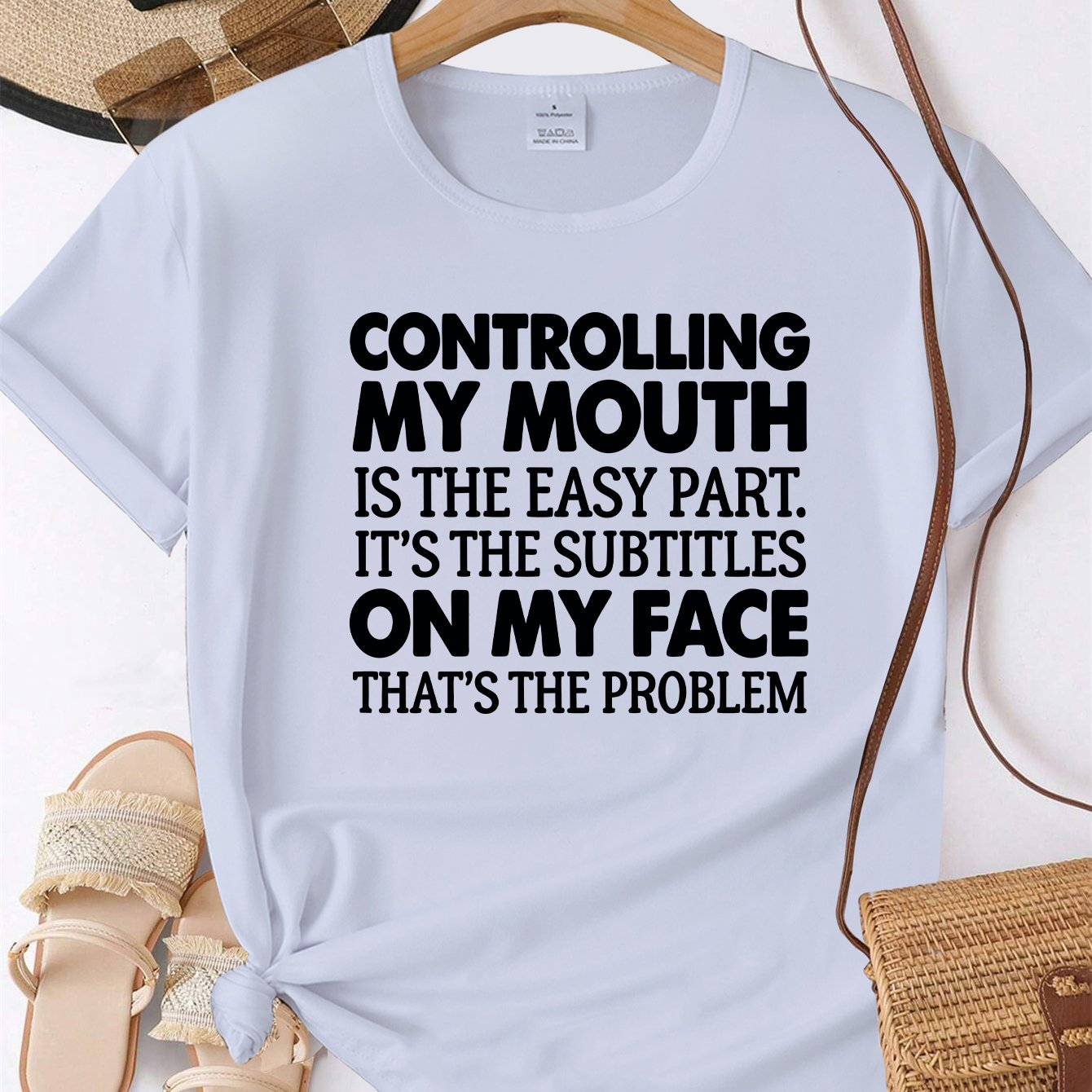 TEMU Funny "the Subtitles On " Graphic Print Crew Neck T- Shirt, Funny Quote Casual Short Sleeve Top For Summer, Women's Clothing