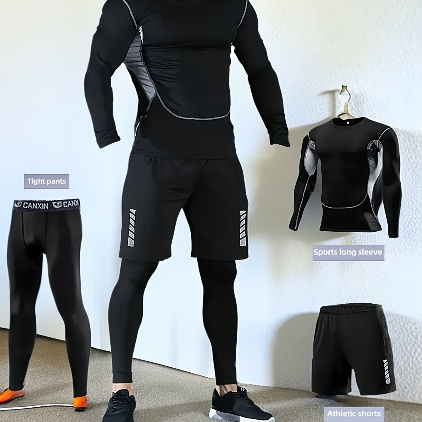E-shop Herren 3-teiliges Sportset: Atmungsaktives Mesh Langarmshirt, Skinny Hose & Shorts Trainingsanzug - Hohe Elastizität Schnell trocknendes Gewebe,