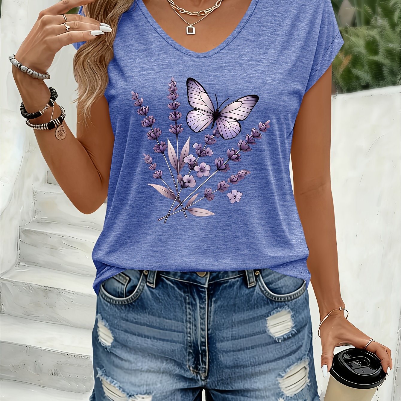 TEMU 1pc Printed Pattern Women's Colorful V-neck Cardigan T-shirt - Comfortable Spring And Summer Top, Machine Washable Regular Fit Shirt, Suitable