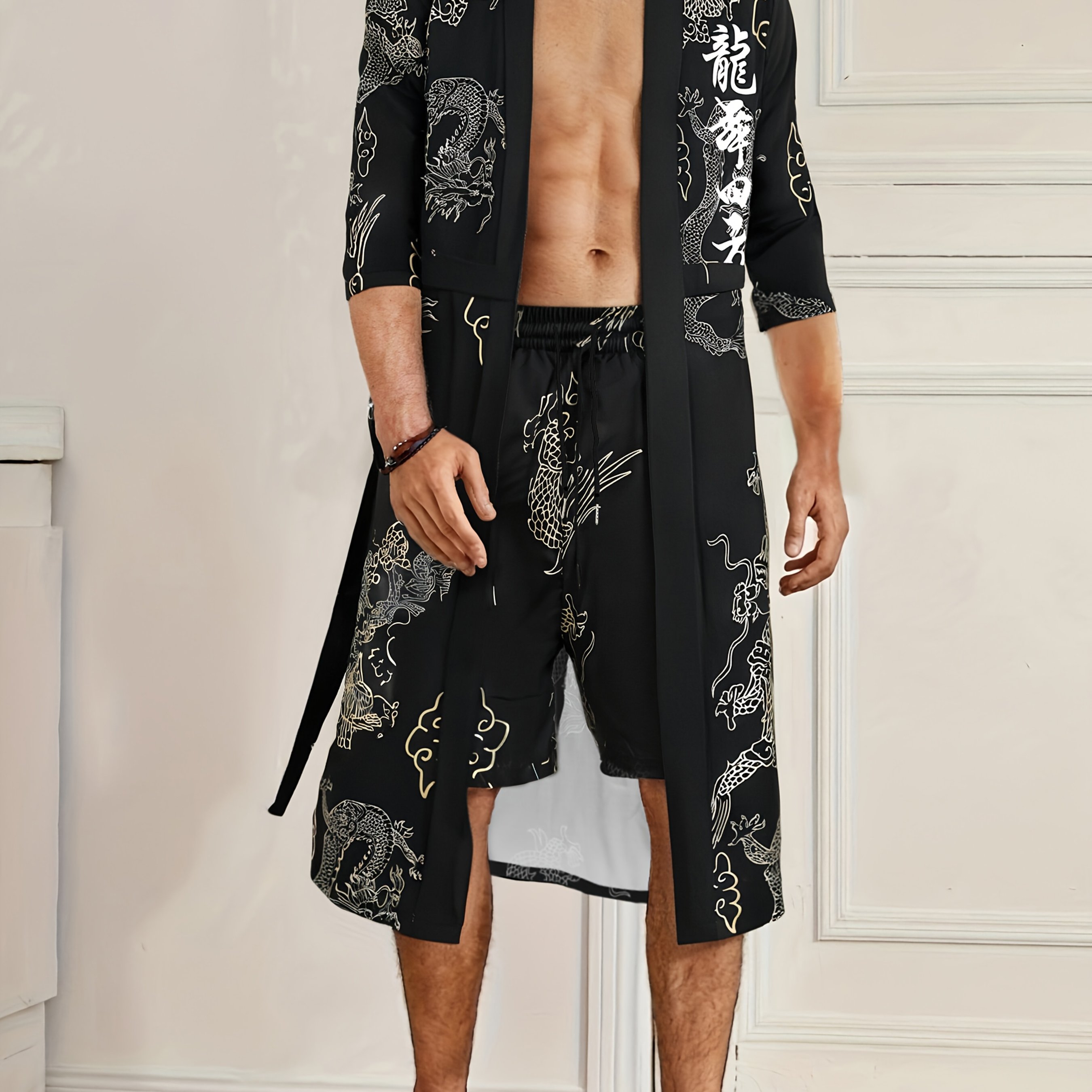 TEMU Men's Kimono Set Summer Dragon Martial Arts Square Dragon Pattern Print Belt Long Robe Drawstring Slant Pocket Shorts Two-piece Set, Role Play