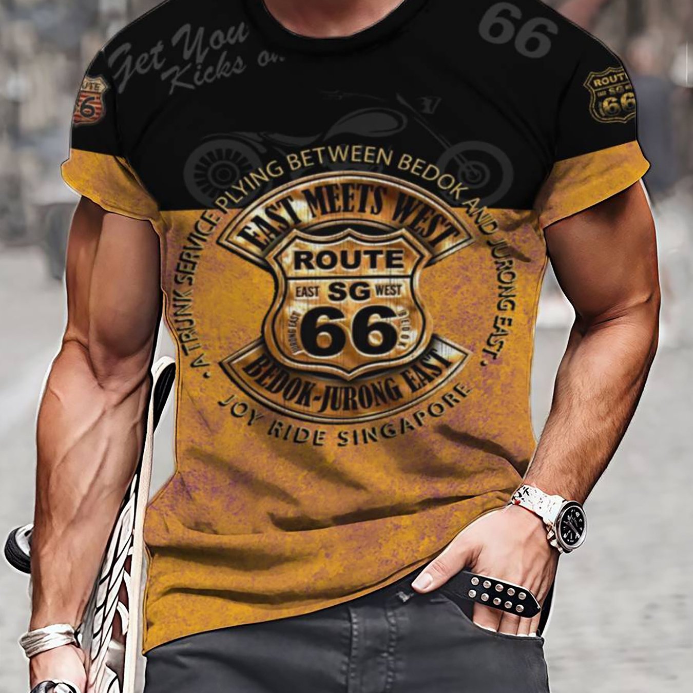 TEMU Men's Vintage Print T-shirt - Featuring Vintage Motorcycle And Wheel Graphics In A Black And Contrast. Made From Lightweight, Breathable Fabric