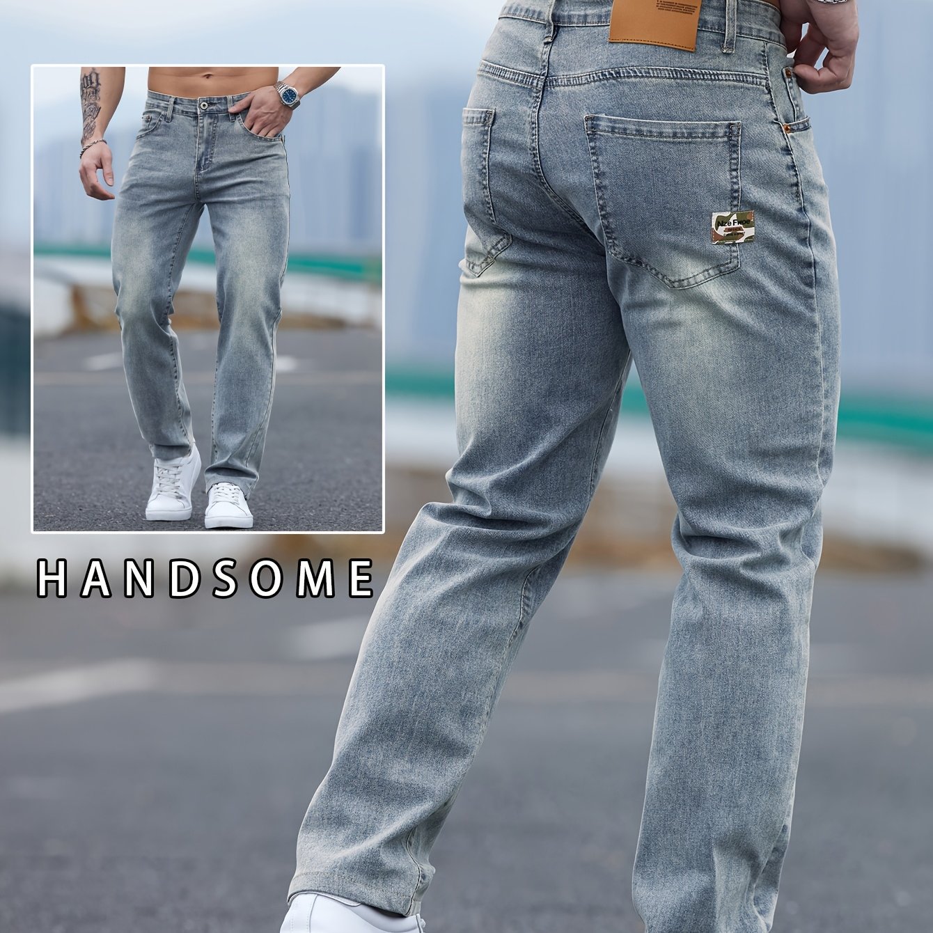 Image of 2025 Spring/summer 's Jeans, Washed Vintage Blue Faded Trendy Slim-fit Pants For Men, Stylish Outer Wear