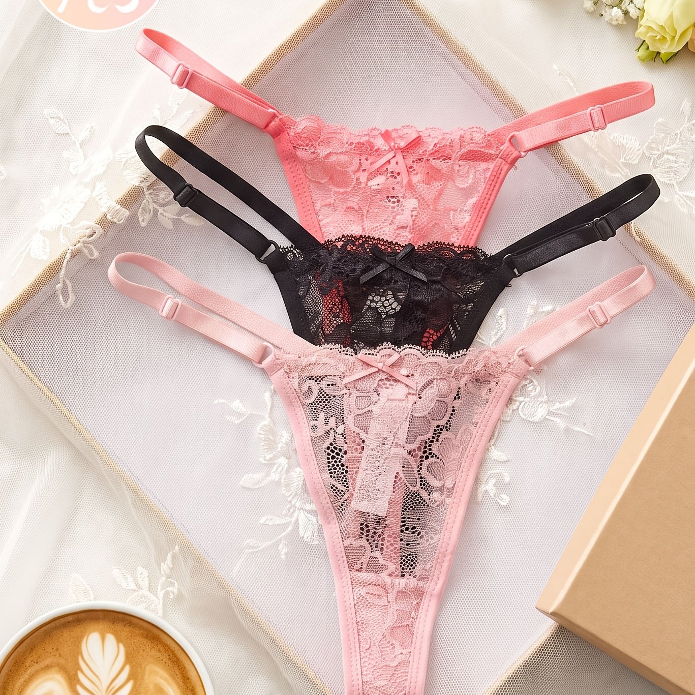 TEMU 3pcs Women' Tanga Briefs Underwear - Semi-transparent Lace Bow & Adjustable Waistband, Suitable For All Women, Sexy Comfortable Panties With Bow