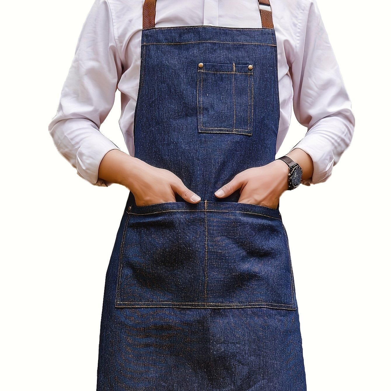Image of Men's Denim Apron With Adjustable Straps, 3 Pockets, For Bbq Cooking, Kitchen, Chef, Waiter Workwear
