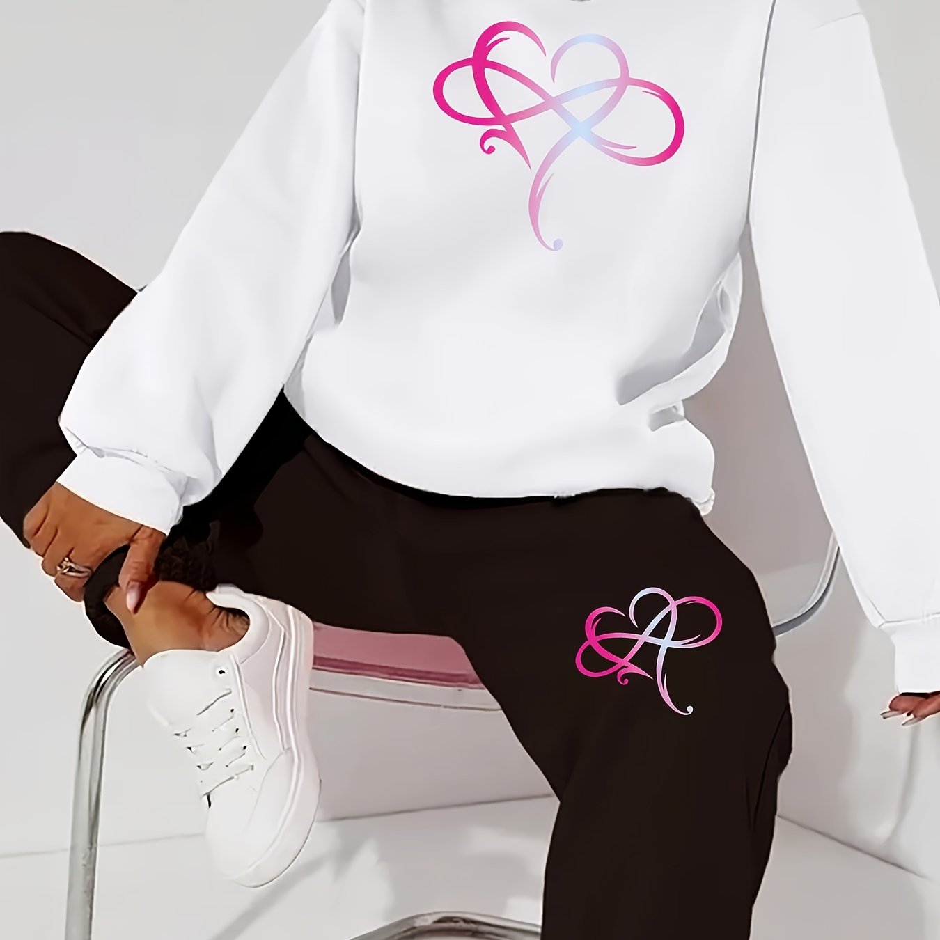 TEMU 1 Set 2-teiliges Set, geeignet für Herbst Winter Mode Damen Elegantes Schönes Y2K Style Farbverlauf Herz Muster Druck Kapuzen Fleece Sweatshirt