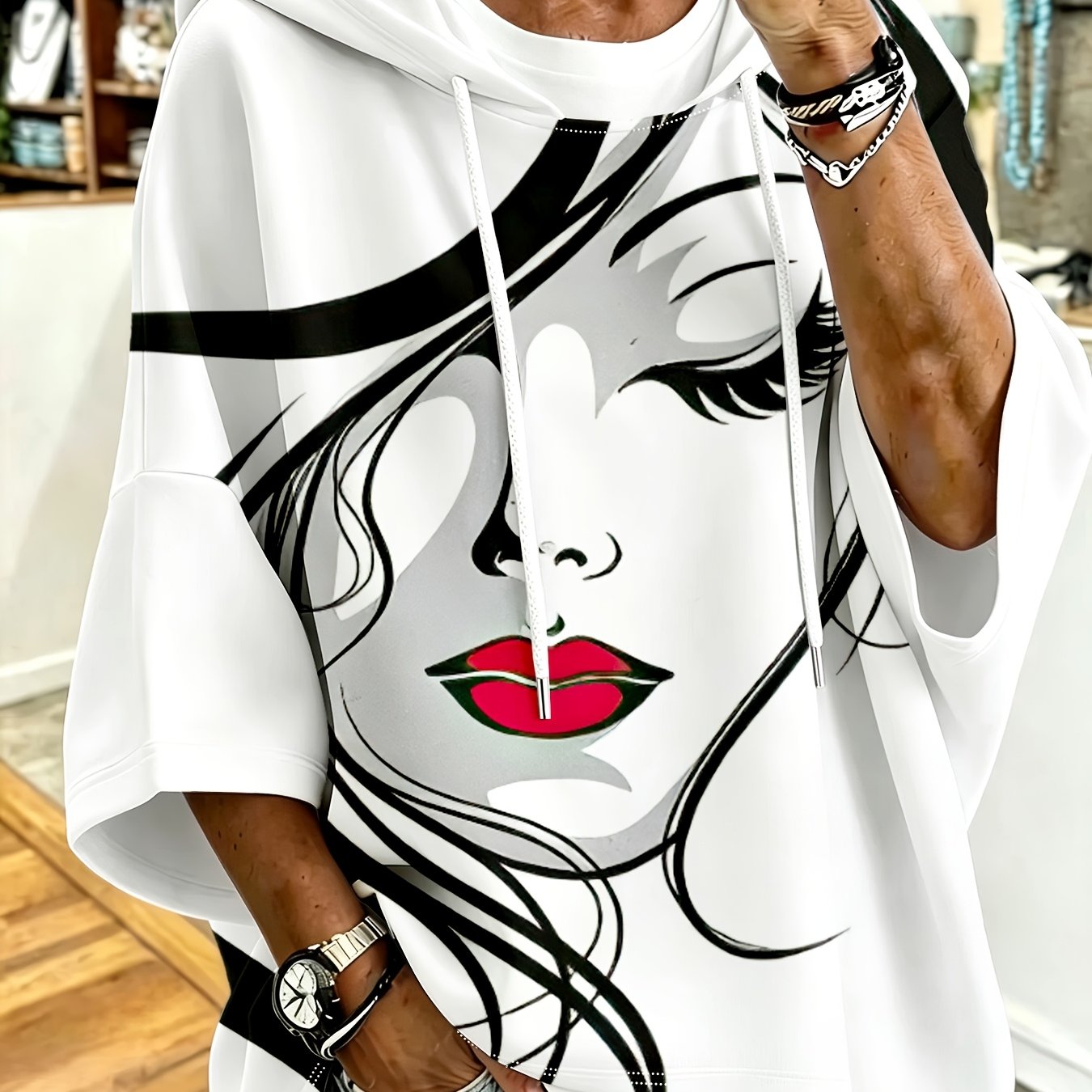 TEMU Plus Size, Women's Plus-size Oversized Hoodie With Pop Art Half-face Print (red Lips & Long Eyelash Design) - Hooded, Drop Shoulder Relaxed Fit,