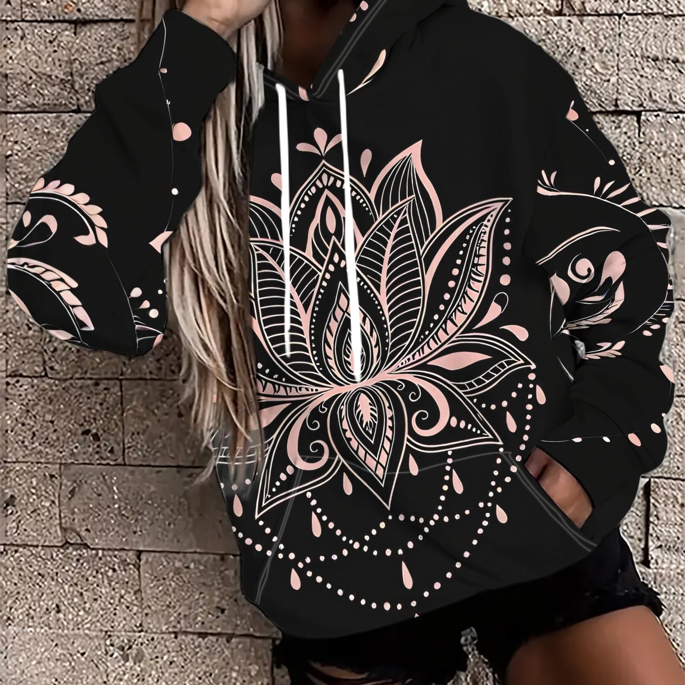 TEMU Women's Hooded Sweatshirt With Ethnic Mandala Print, Long Sleeve Top, Polyester Fabric, Drawstring Adjustable Hood, Casual Versatile Jacket, New