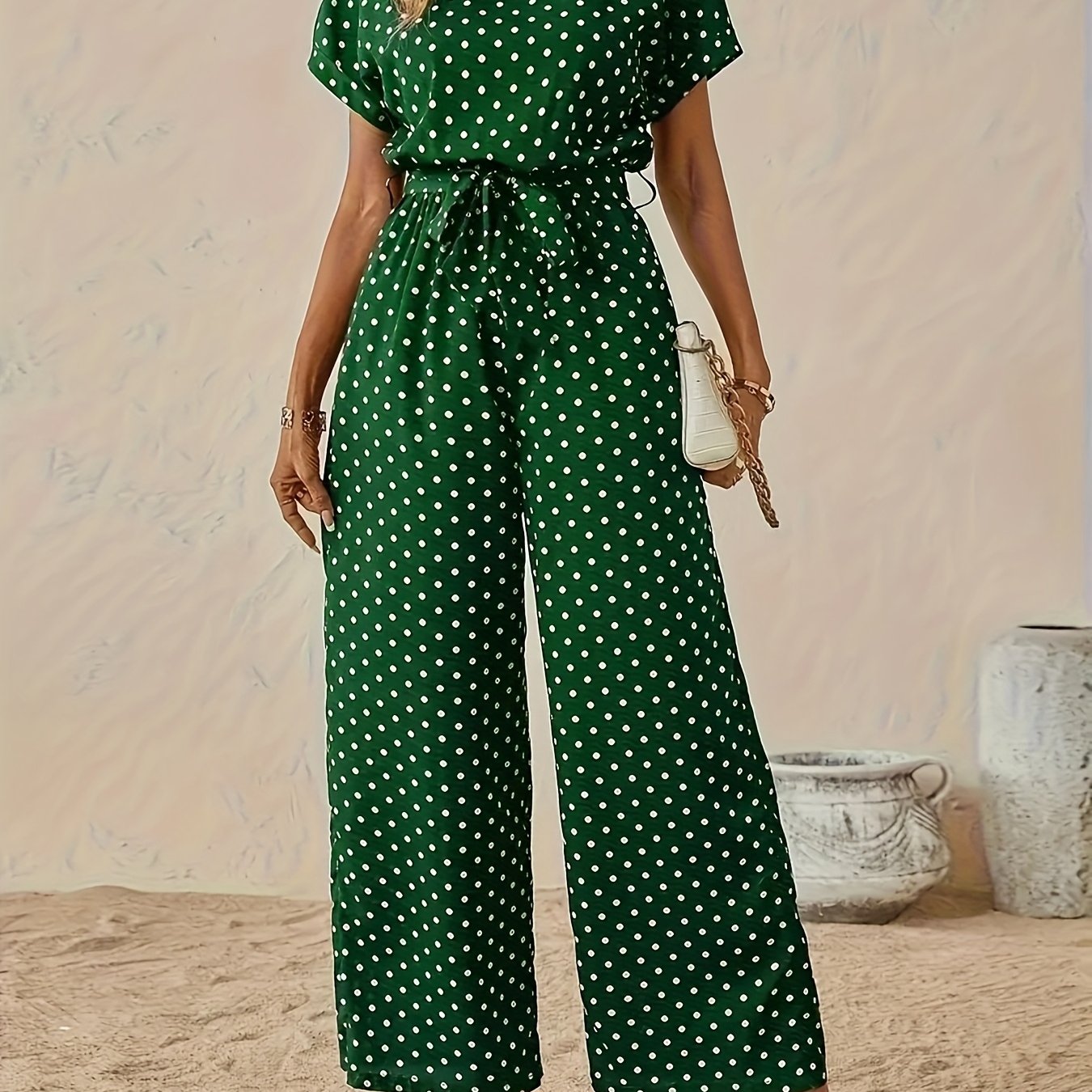 TEMU Elegant Women's Polka Dot Jumpsuit | Off The Shoulder Style, Suitable For Adults