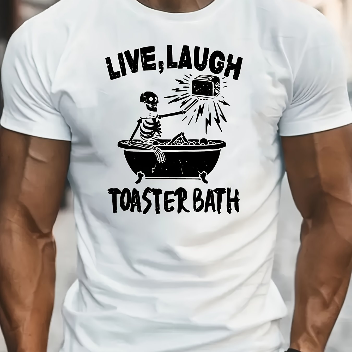 TEMU Men' T-shirt - "live Laugh Toasters Bath" Skeleton Design, Casual Short Sleeve Round Neck Tee, Machine Washable Summer Casual Wear, Funny Gift