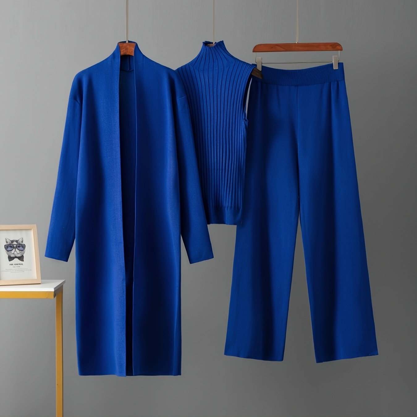 2025 Newest Suit High Elasticity Women's Loose Suit, Long Wide-legged Pants + Shawl Cardigan + Turtleneck Sweater Fashion Three-piece Set To 70kg Suitable For Female
