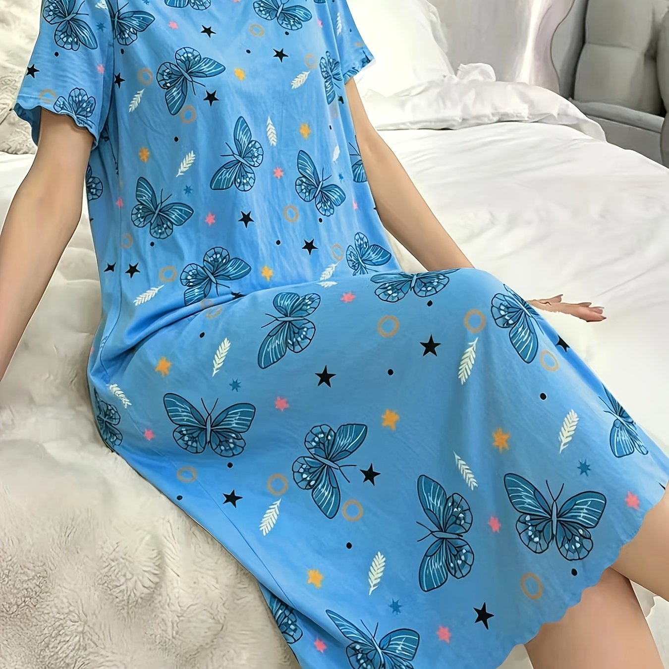 TEMU Blue Print Short Sleeve Dress