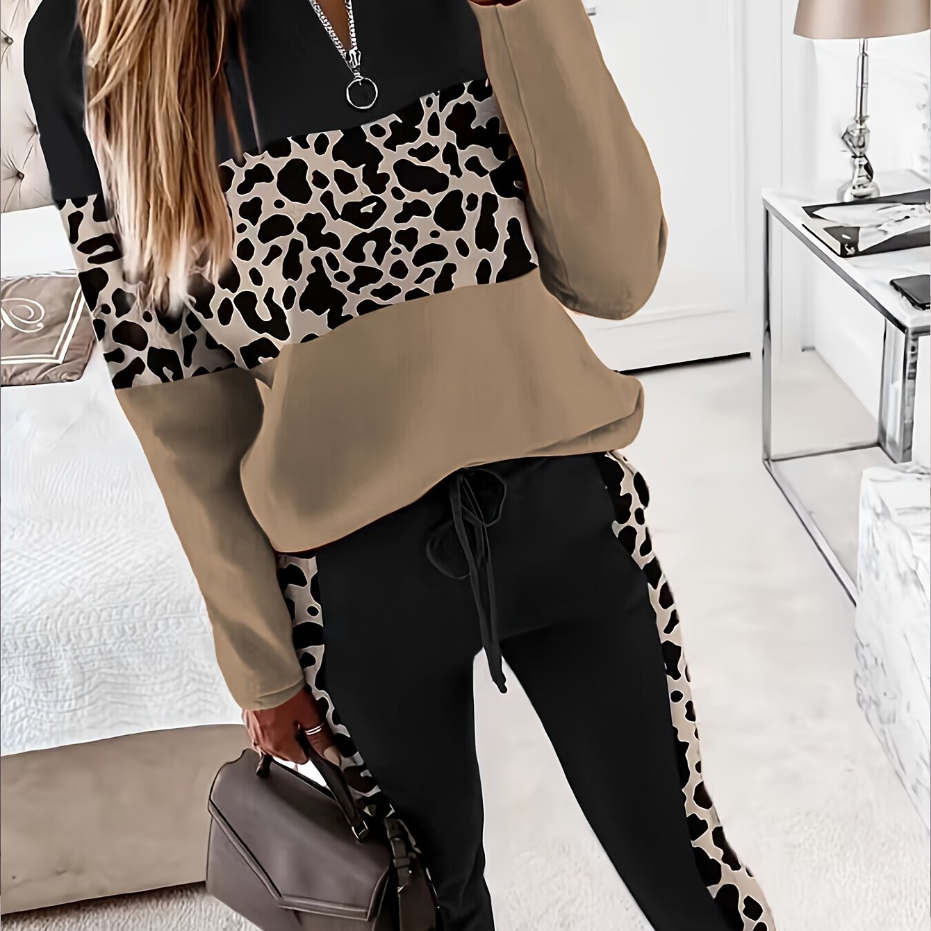 E-shop 1749 Herbst/Winter Neuheit -Border Europäisch-Amerikanische Damenmode Trendiger Leopardenprint Patchwork Langarm-Shirt Hose Zweiteiliges Set