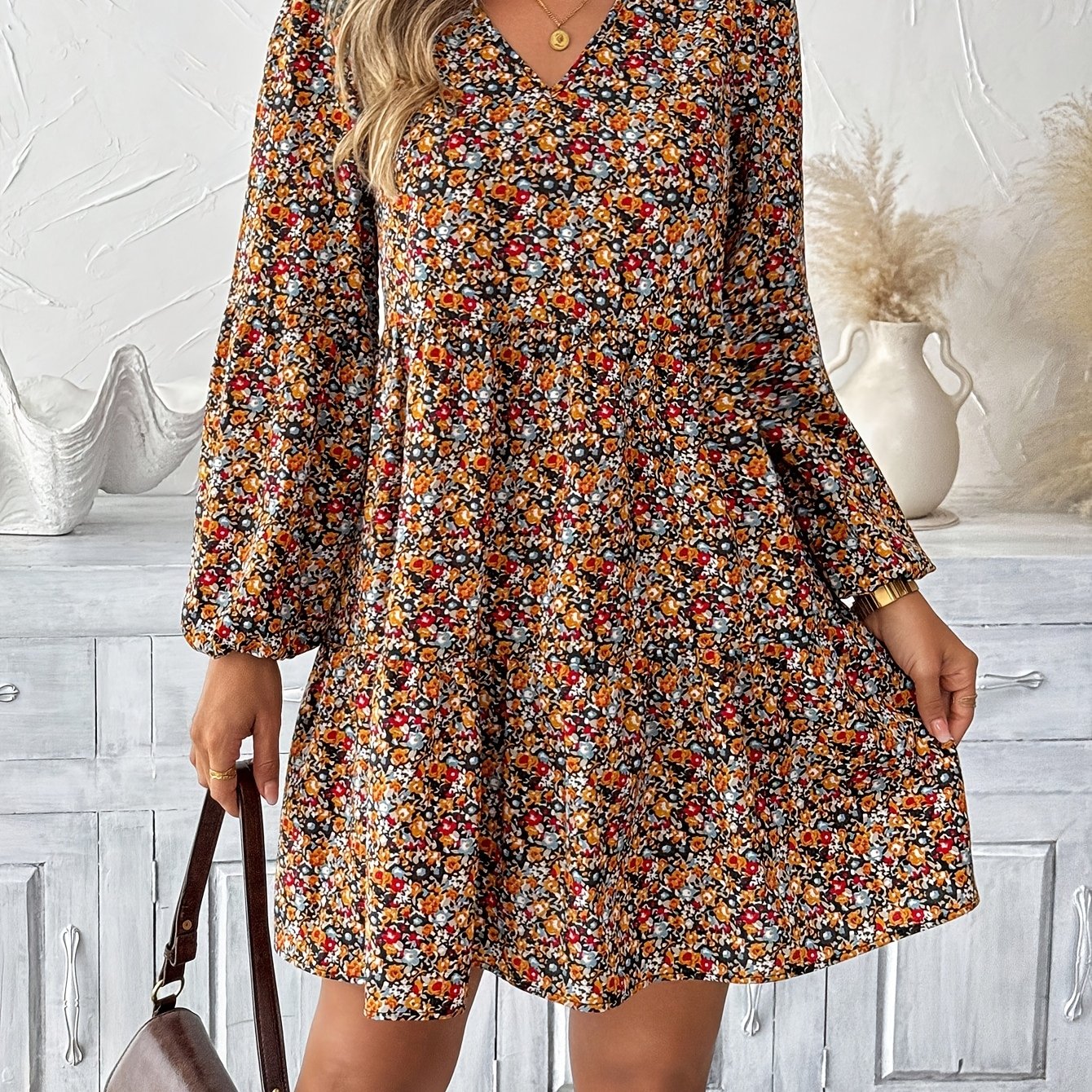 TEMU Women's Casual Floral Long Sleeve Dress, Autumn Women's Dress
