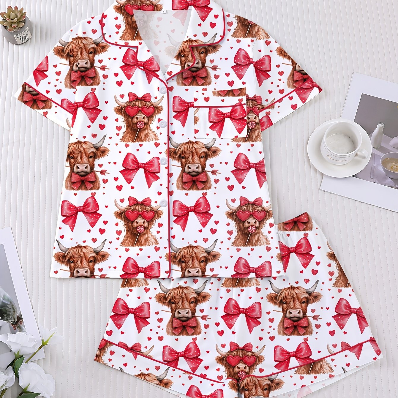 TEMU 2pcs Scottish Highland Cow Burgundy Bow Heart Print Women's Pajama Set, Short Sleeve Shirt With Collar And Buttons And Loose Elastic Shorts,