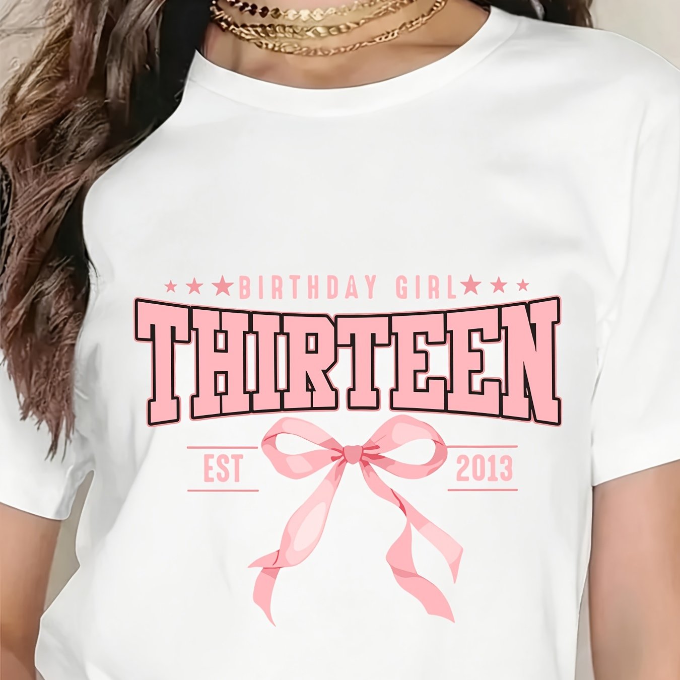 TEMU 13th Birthday Girl "" Letter Print T-shirt, Summer ' Round Neck Knit Short Sleeve, Comfortable And Durable Comfortable Loose Top, Outdoor Sports