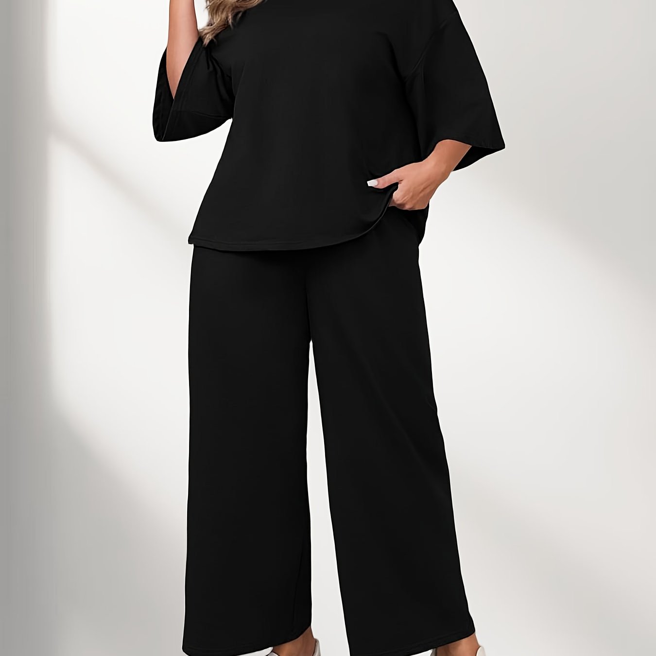 Plus Size - Plus Size - Womens Plus Size 2pcs Outfits | 3/4 Sleeve Tops And Wide Leg Pants Loungewear Pajamas Sets With Crew Neck, Solid Color, Stretch Fabric, And Pocket Details