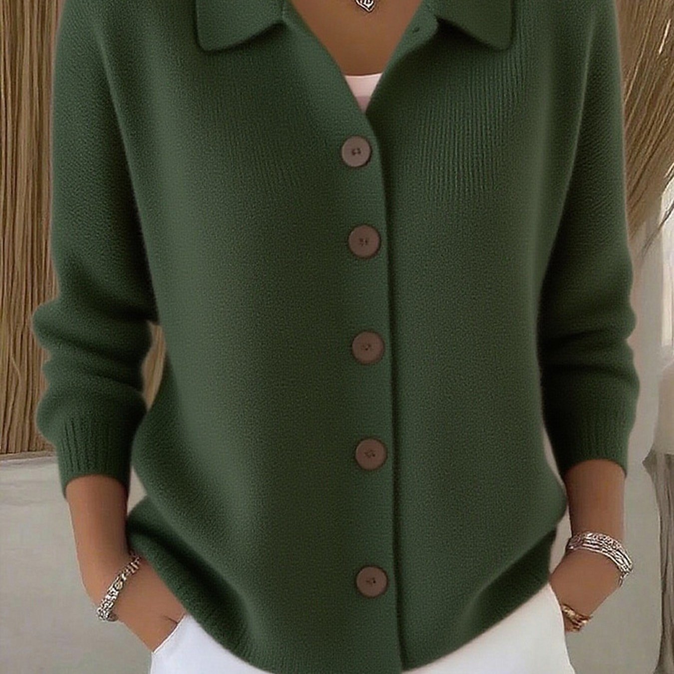Women's Turn- Collar Full Button Front Long Sleeve Cardigan, Solid Loose Relaxed Fit Outer Top, Minimalist All-match Daily Layering Piece, Chic Basic Silhouette Outfit For Spring Autumn