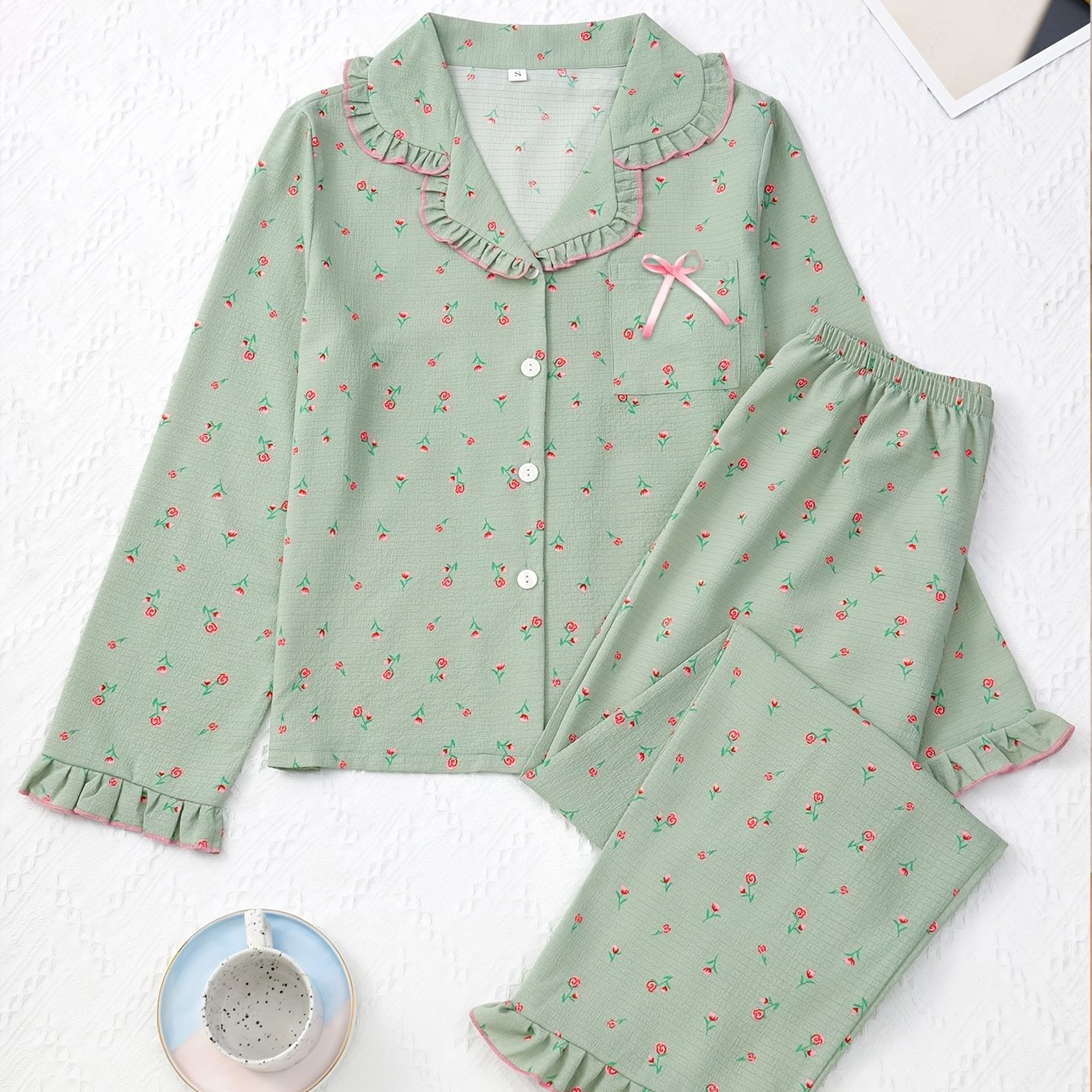 TEMU Pyjama Femme Print Floral Vert Printemps Automne Manches Longues, Ensemble Haut à Volants Manches Longues et Pantalon Long, Vêtement d'Intérieur