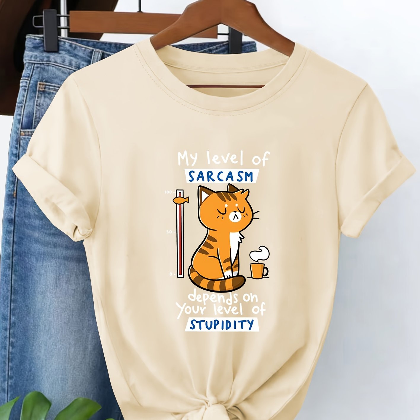 TEMU 2026 New Arrival Fresh Vacation Series Sarcasm Level Funny Text Print Daily Casual Fashion Retro Style, Spring Summer Casual Sporty, Tops
