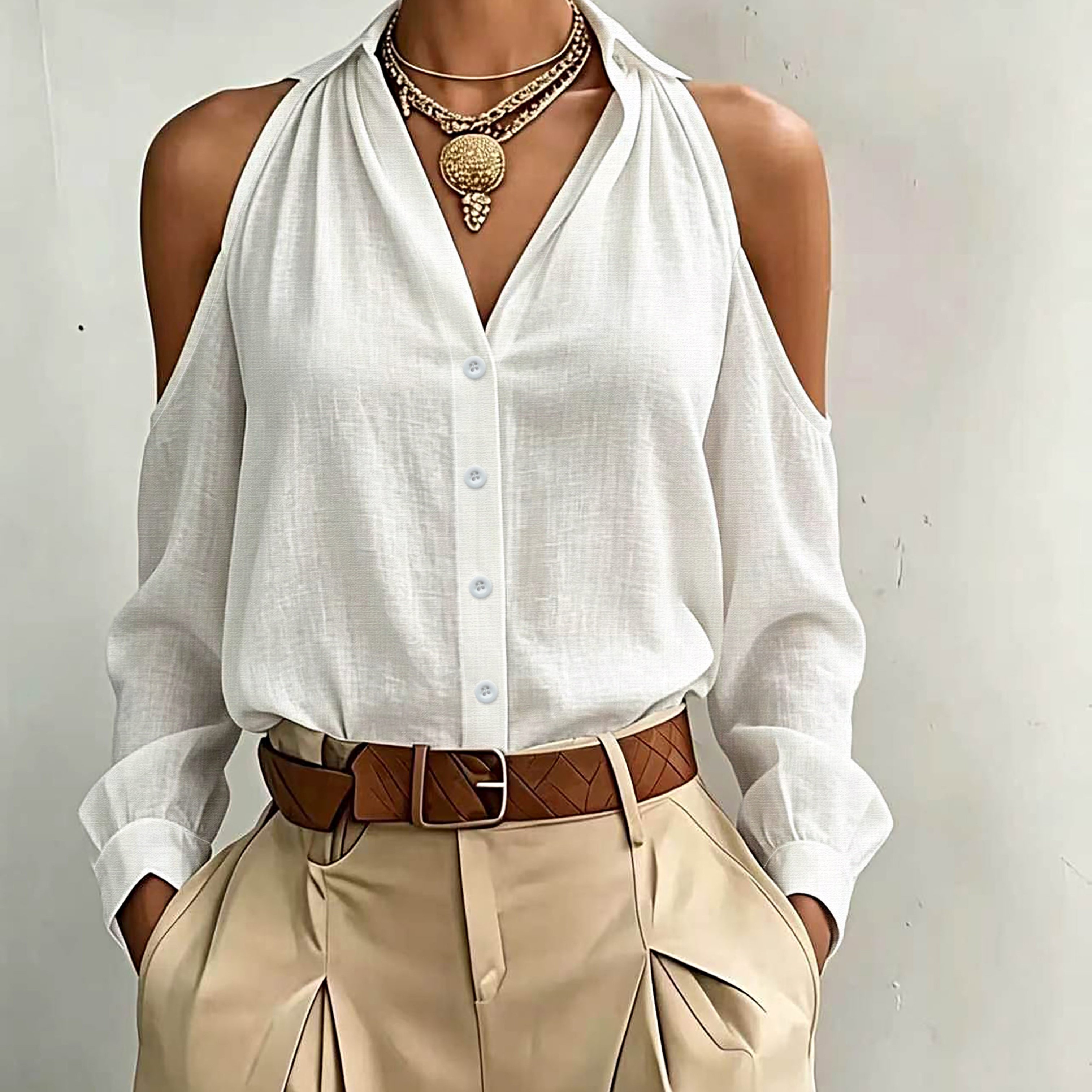 TEMU Camicia da donna con spalle scoperte e maniche lunghe, design elegante alla francese con scollo al alla , top di nicchia monopetto a vestibilit�