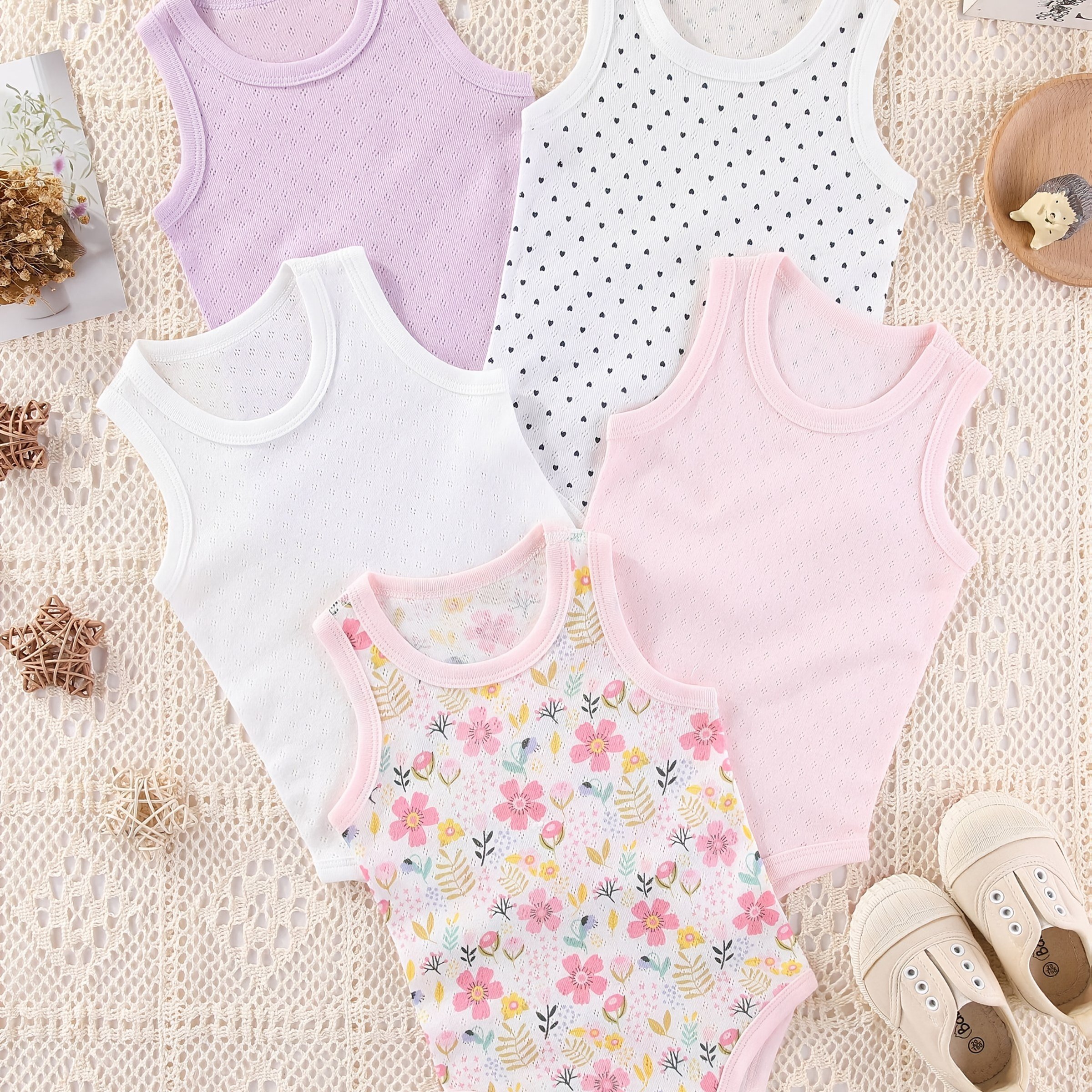 Image of 5pcs Print Girls' Romper Set, 0-24m, Floral Print, Perfect For Outdoor
