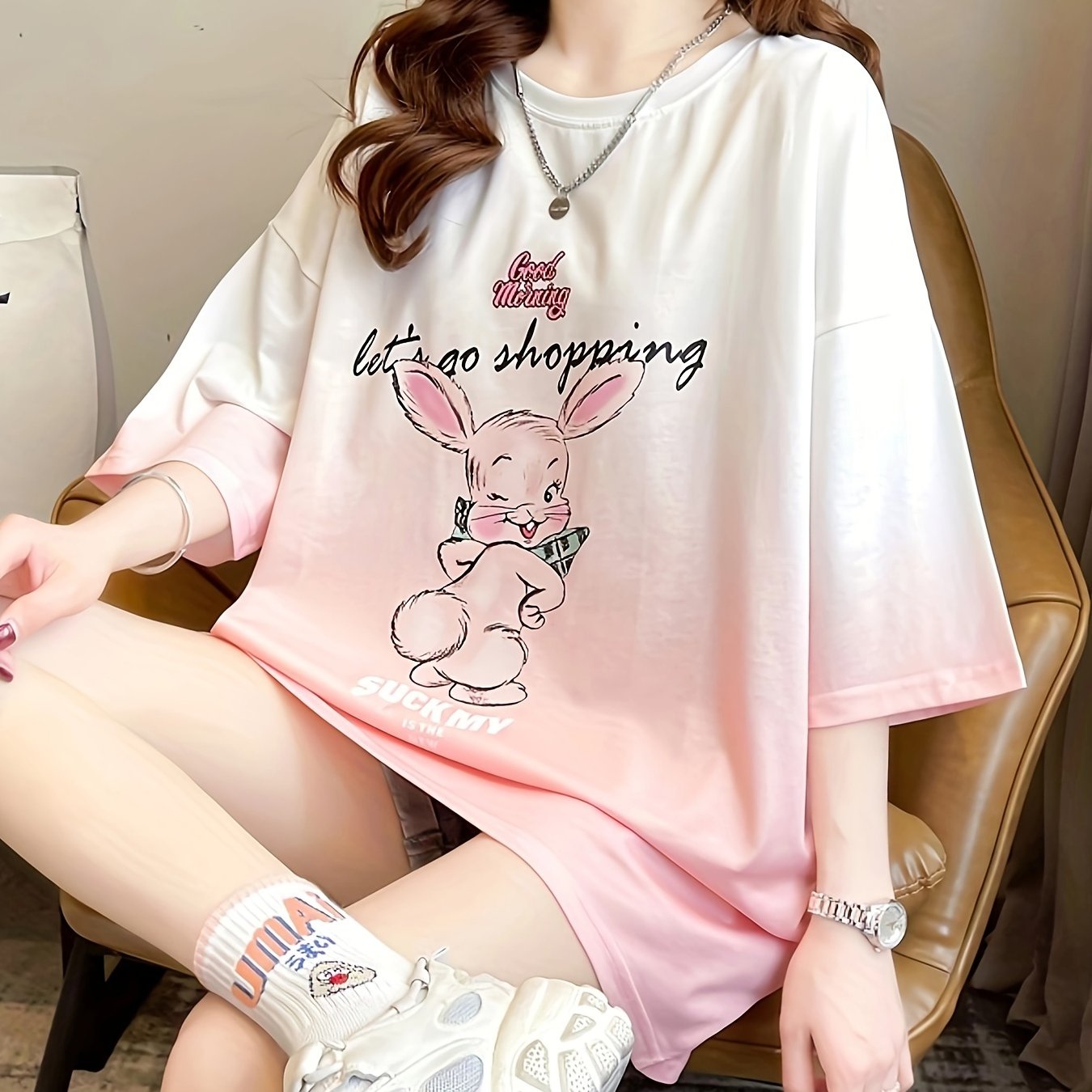TEMU New Summer Collection Of Plus-size Loose-fitting Stylish Cartoon Print Women's Mid-length Short-sleeve T-shirts