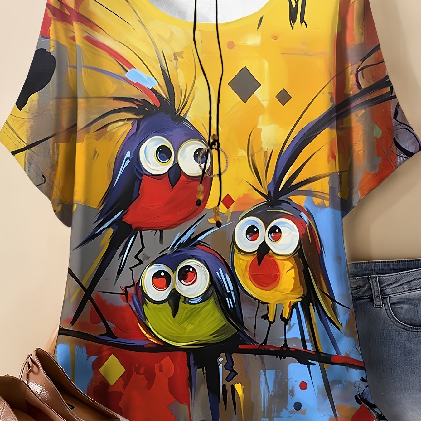 Image of Plus Size - Plus Size - Plus Size Women's T-shirt With Cute Cat Print, Featuring 3 Sharp-, Colorful Birds Perched On A Branch. Round Neck, Short Sleeve, Summer Top, Suitable For Casual Outdoor Wear