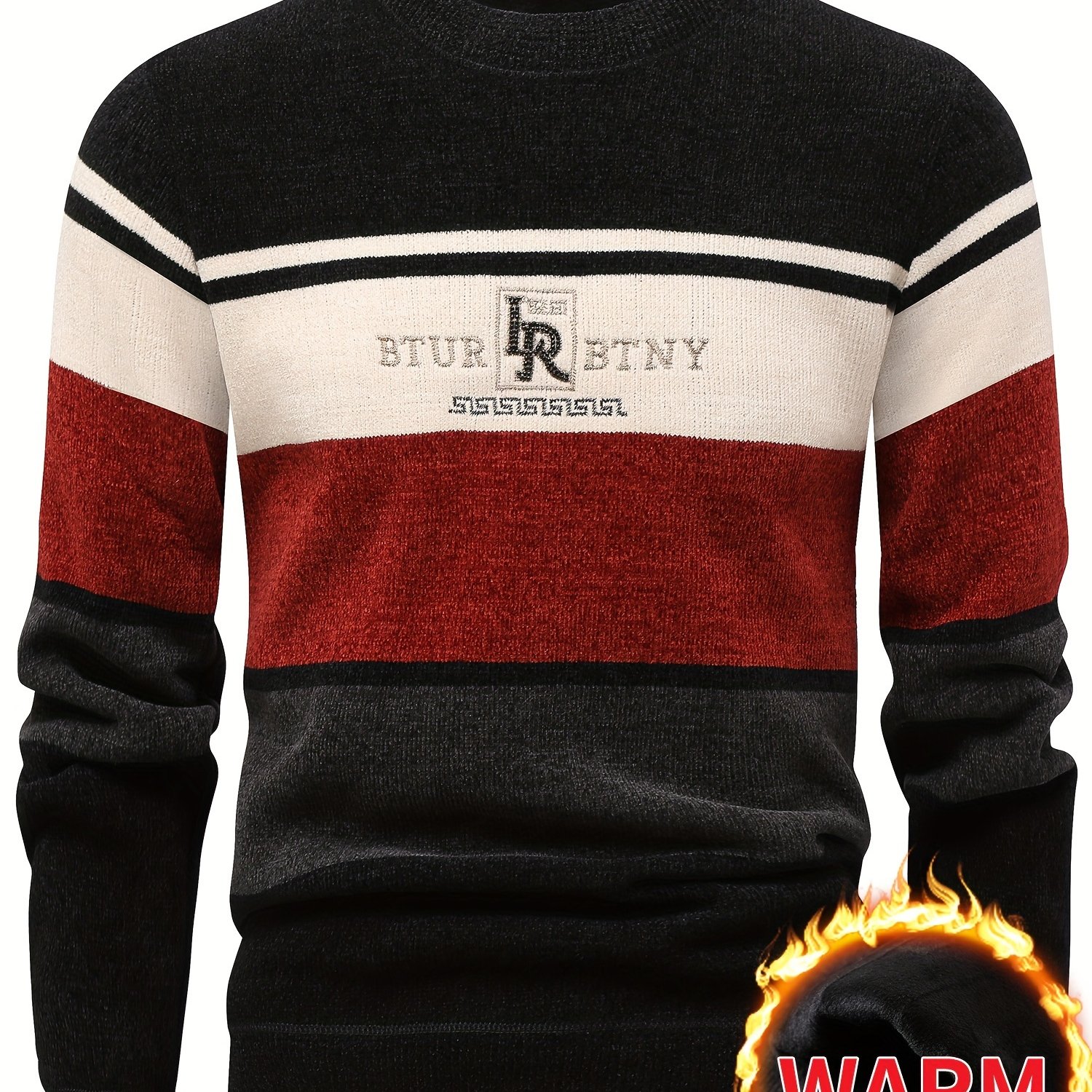 TEMU Suéter A Rayas Con Forro Polar Para Hombre - Cuello Redondo Casual, Jersey De Punto Para Invierno, Khan, Engrosado, Cuello Redondo Con Letras