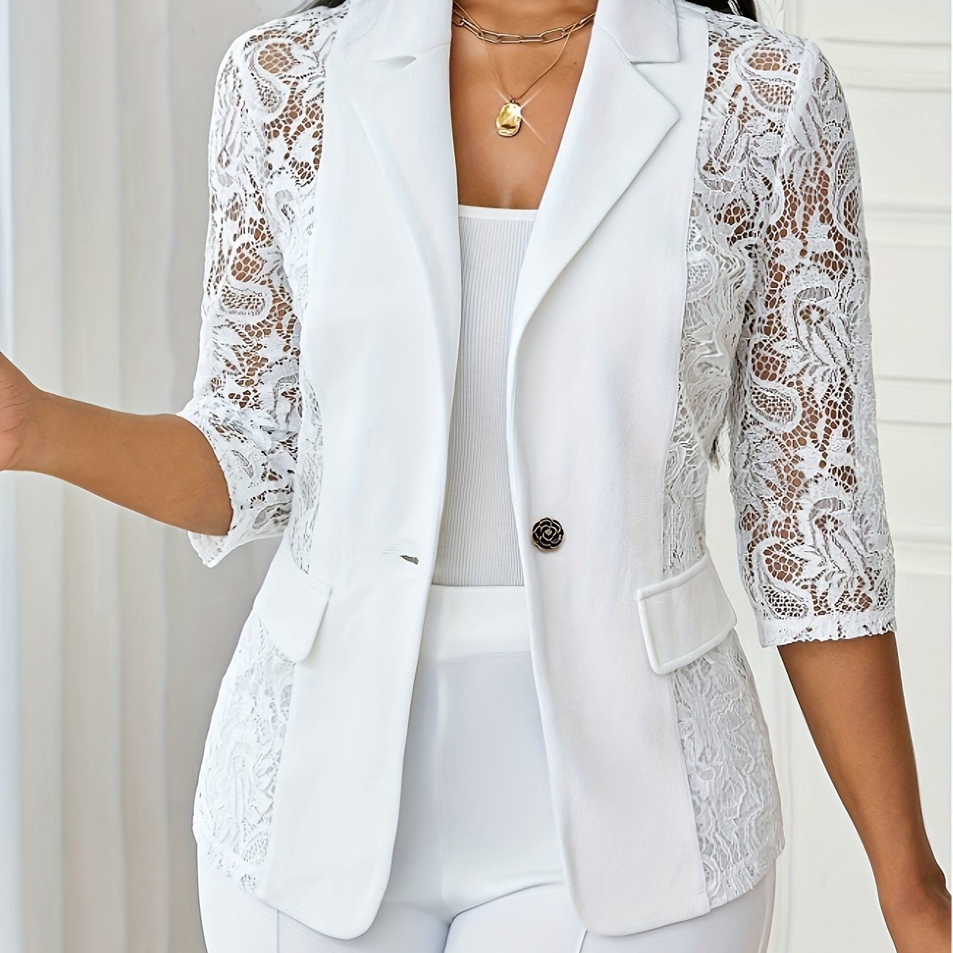 Elegant Women's Lace-trimmed Long Sleeve Cardigan - Chic Solid Color With Turned Collar, Spring & Fall, Stylish Office Wear, Stylish Women's Wear|chic Button-up Jacket|sophisticated Design