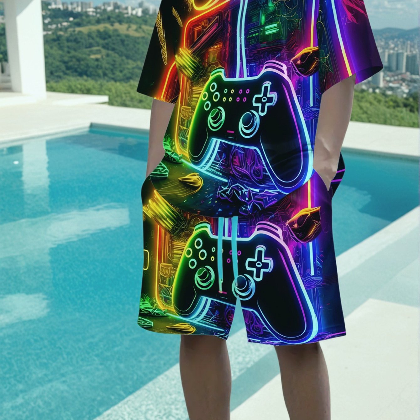 Cyberpunk Style Men's Set, Neon Game Controller 3d Printed Short Sleeve T-shirt And Shorts, Summer Casual 2pcs Set