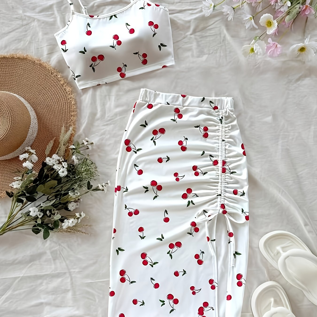 Image of White Cherry Print Spaghetti Strap Top With Drawstring And Slit Skirt, Suitable For Daily Wear, Dates, Travel, Beach , Elegant, Fashionable, Fresh, And Simple Commuting Women's Clothing