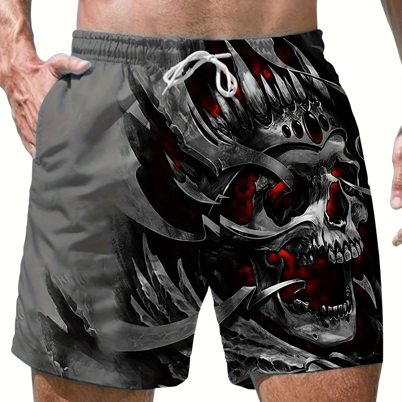 TEMU Pantalones Cortos de Playa para Hombre con Estampado de Calaveras - Cintura con Cordón Ajustable, Traje de Baño Casual
