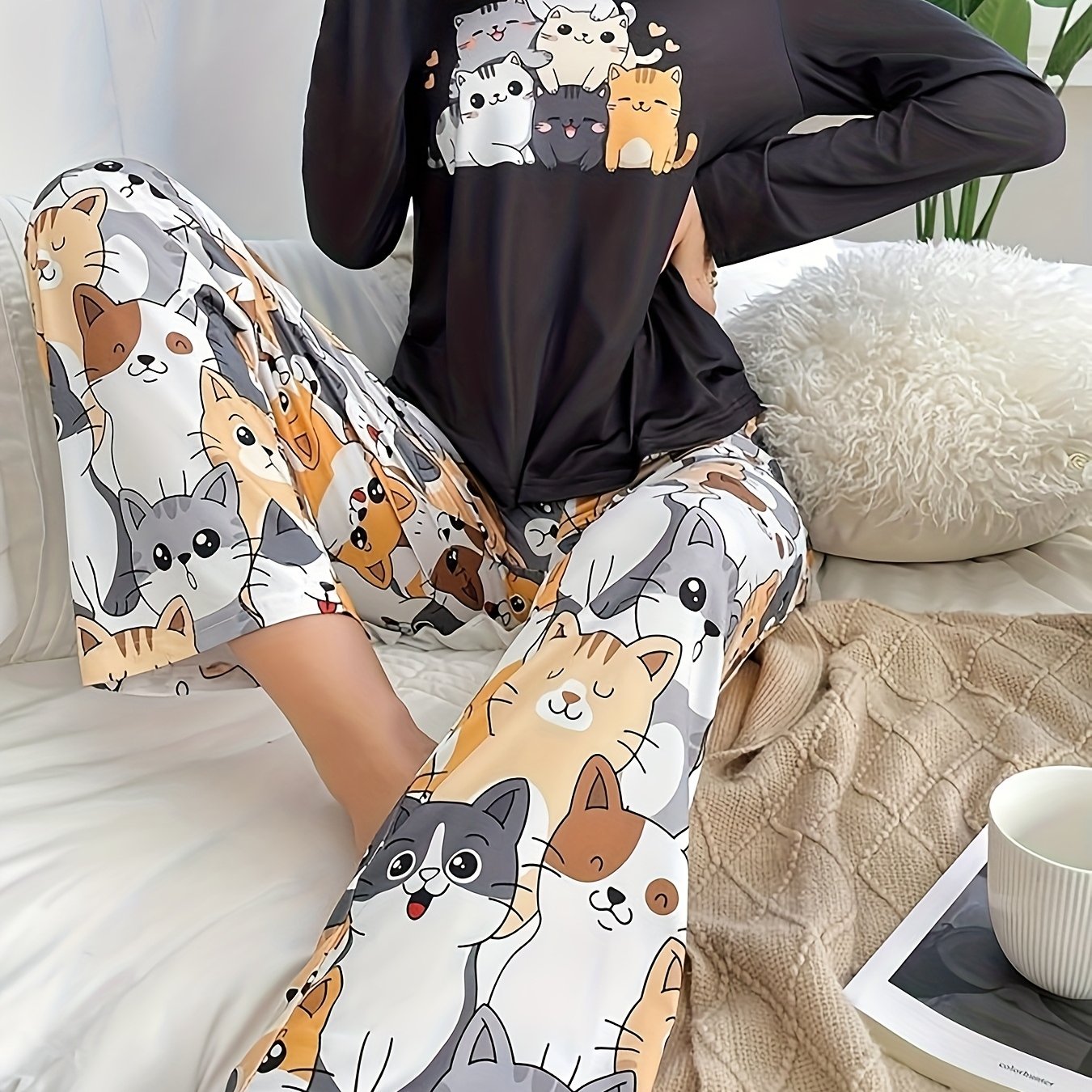 TEMU Women's Casual Animal Print Pajama Set - Black Round Neck Long Sleeve Top And Elastic Waist Pants, Machine Washable, Perfect For Spring And