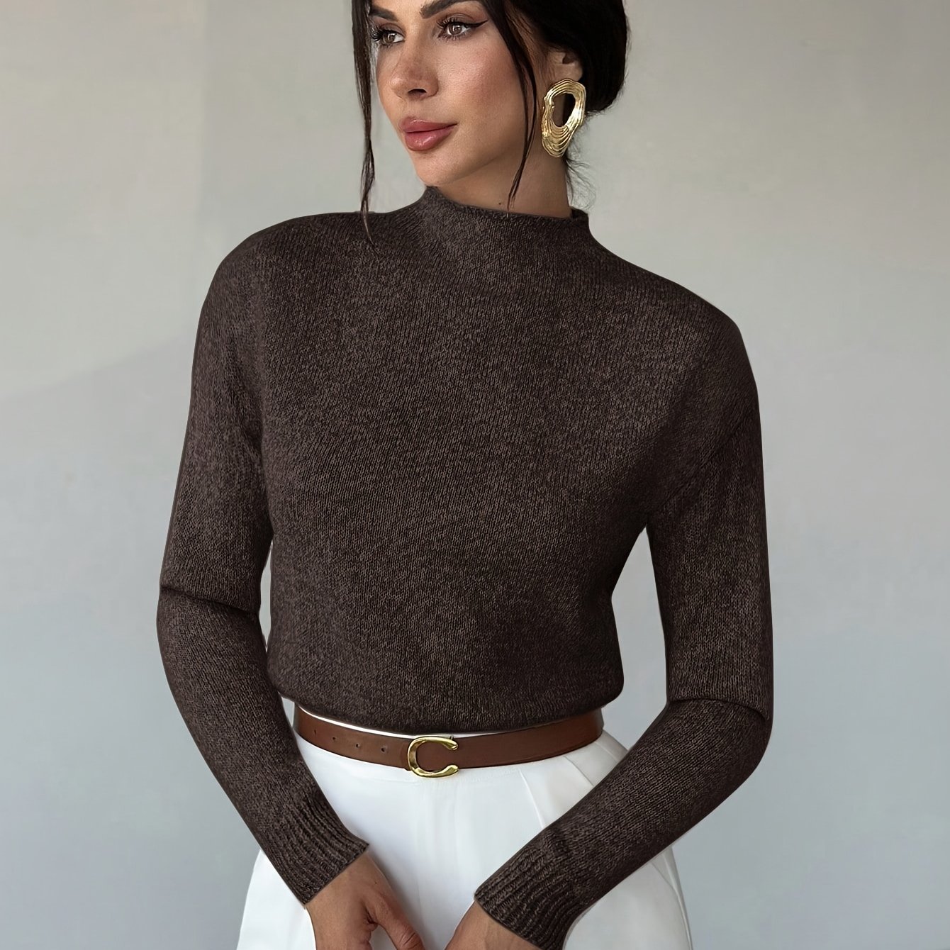 Women's Elegant Casual Office Wear, Apricot Gray Long Sleeve High Neck Loose Fit Versatile Sweater, Autumn Women's Clothing, Women's Winter Wear, Versatile Top, Teacher Outfit, Fall Outfit