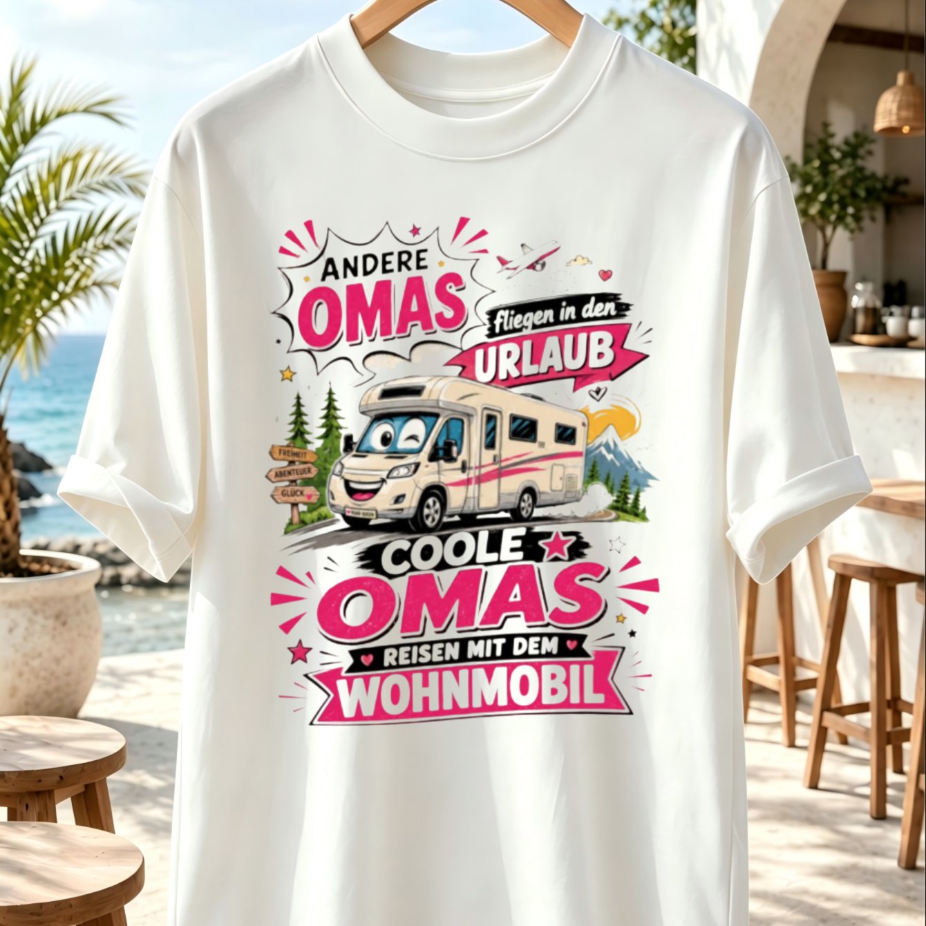 Image of Cool Grandma Motorhome Graphic T-shirt Cartoon Rv Road Trip Scene With Mountains And Pink German Travel Adventure Quote Unisex All T-shirt