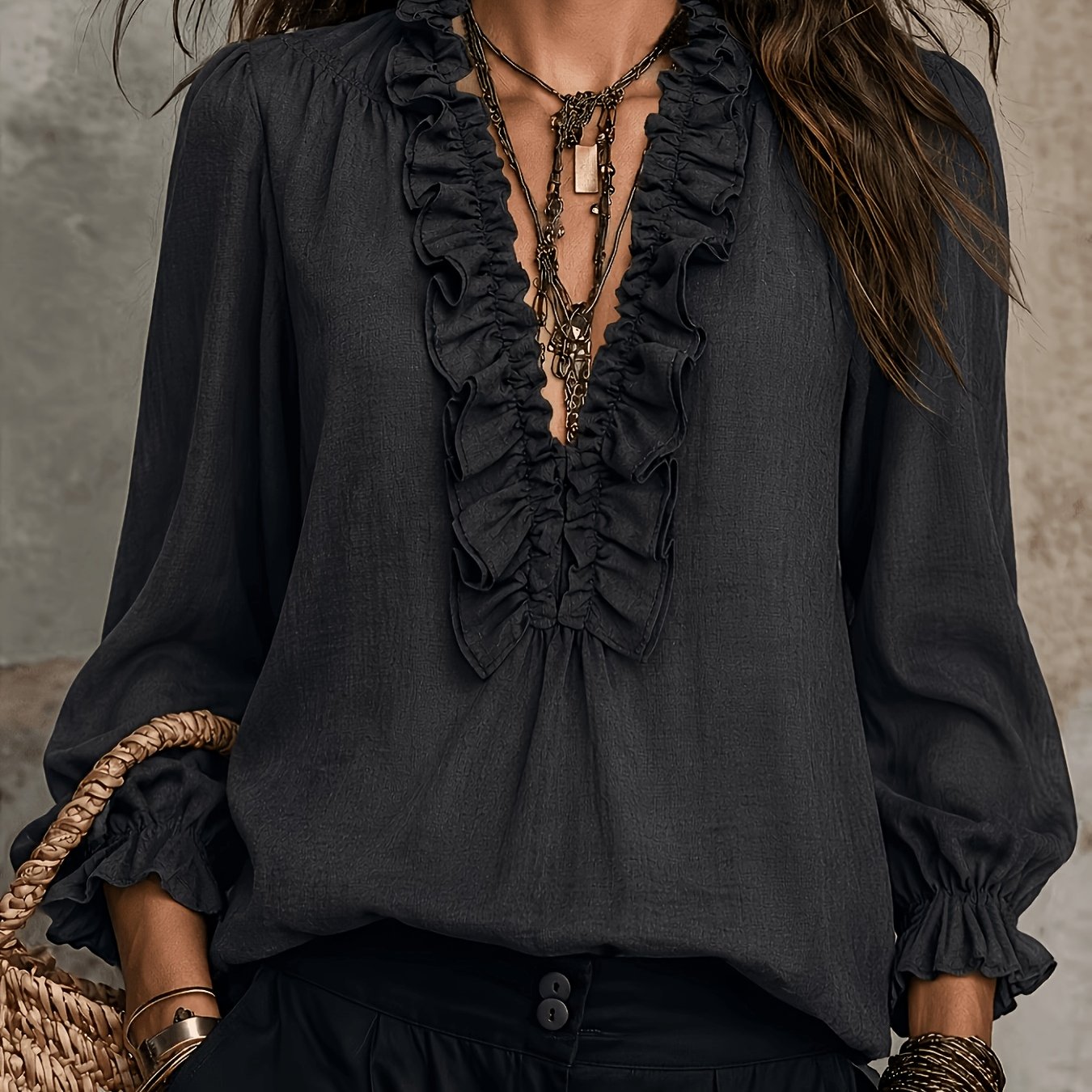 TEMU Chemise grande taille pour femme, , surdimensionnée, , à col en V et en dentelle, à manches longues