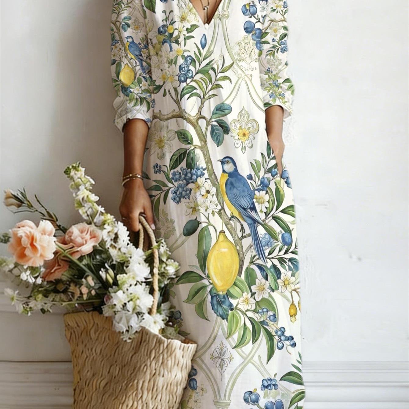 Image of Plus Size, Women's Plus Size European Vintage Lemon Tree Print Maxi Dress - V-neck -quarter Sleeve Dress Suitable For Vacation, Outfits, Casual Summer Dress With & Machine Washable Lemon Tree Dress