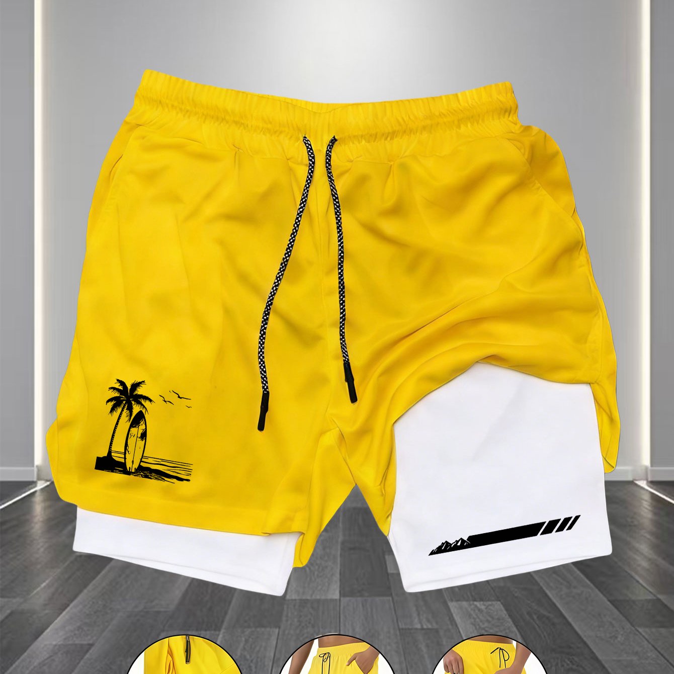 TEMU Men'-layer Shorts 2026 Men' Layer Quick Dry Shorts Beach Surf Coconut Tree Print Fake 2 Piece Sports Shorts Polyester Breathable Liner Anti