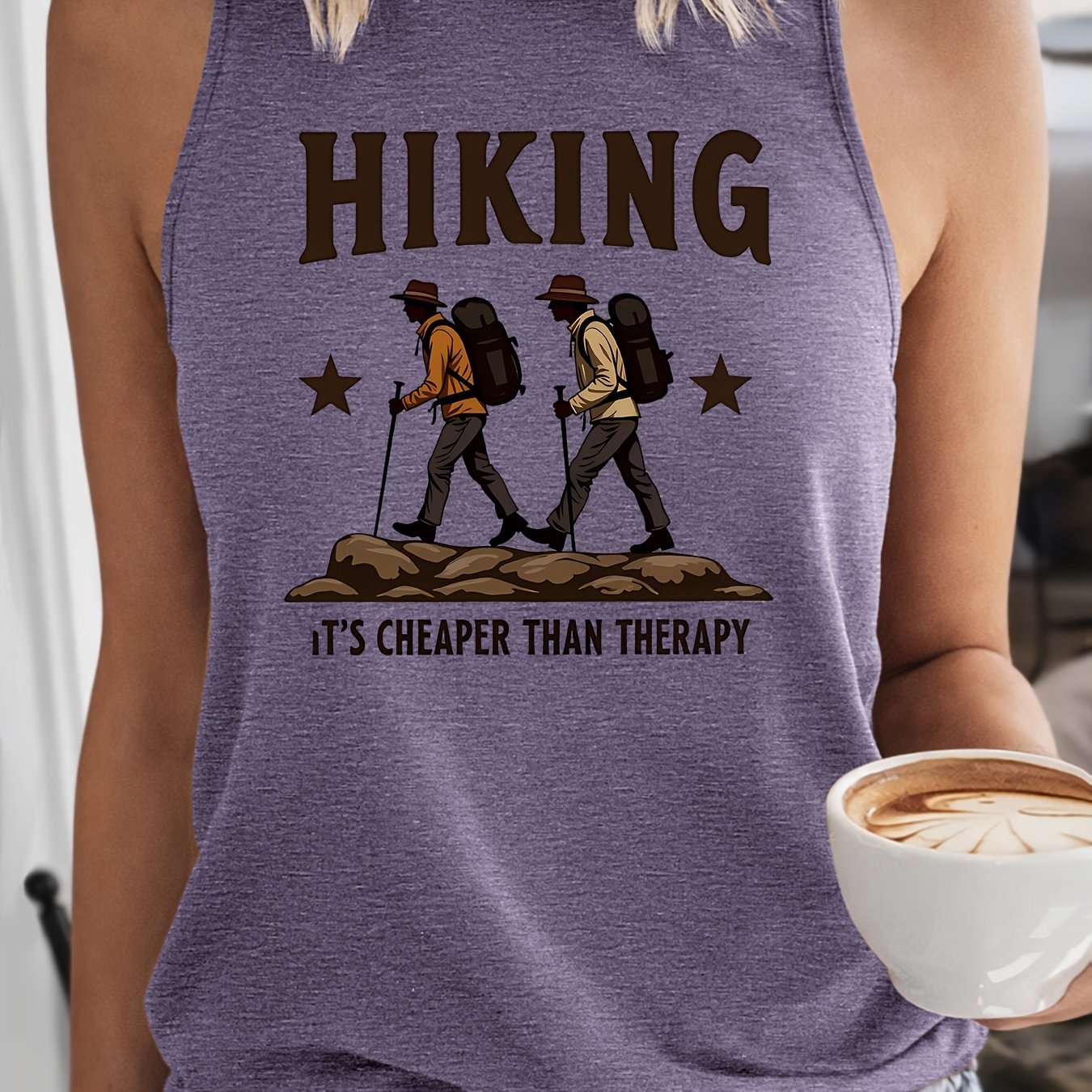TEMU Women's Retro Hiking & Outdoor Sleeveless T-shirt - Minimalist Round Neck Tank Top With Text Print, Non- Athletic Blouse Suitable For Hiking,