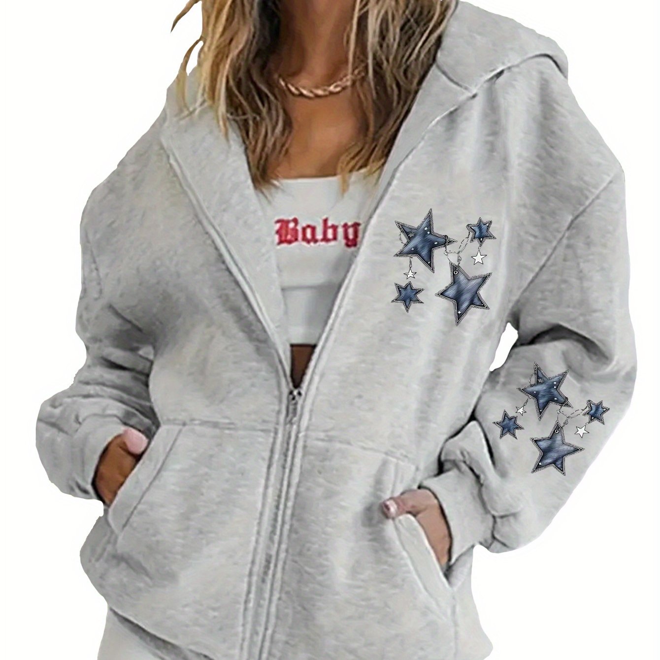 TEMU Star Pattern Print - Y2k Zipper Hoodie - Fashionable And Comfortable Zipper Jacket - Suitable For Casual Sportswear, Casual Sportswear