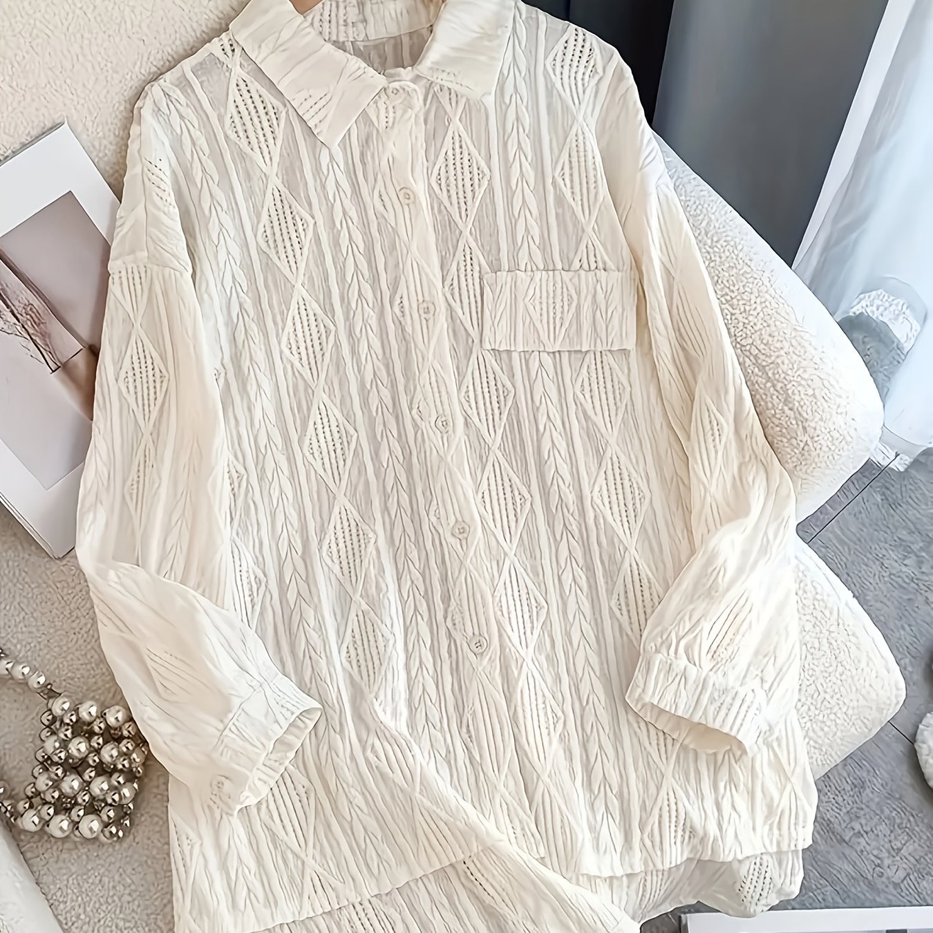 TEMU Vintage Jacquard Hollow-out Shirt, Turn- Collar, Single-breasted Button, Loose Mid-length Fit, Versatile Top Yd88