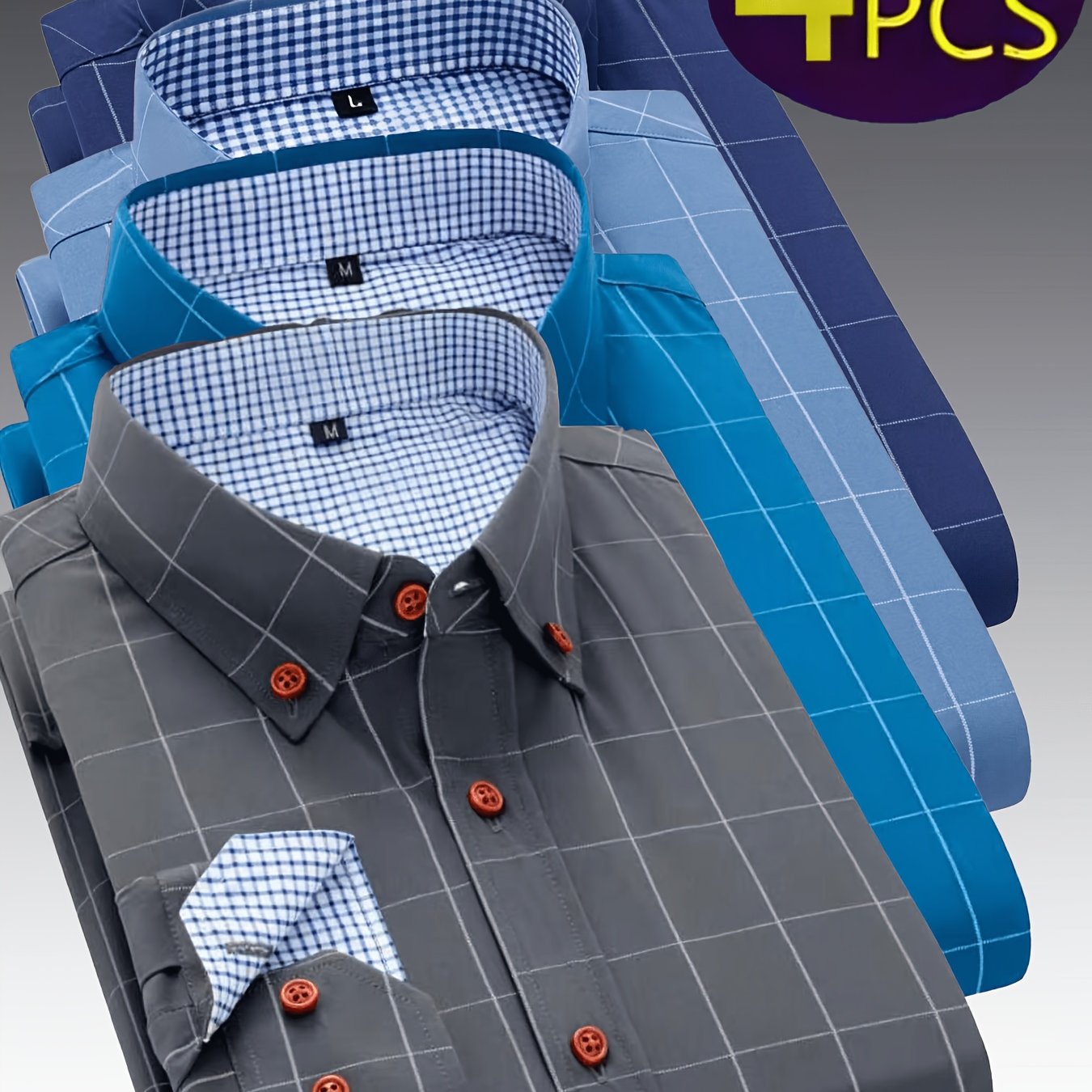 TEMU 4pcs Set Of Men's Elegant Plaid Long Sleeve Shirts, Casual Shirts, Lightweight Single-force Regular Fit, Single-button Closure