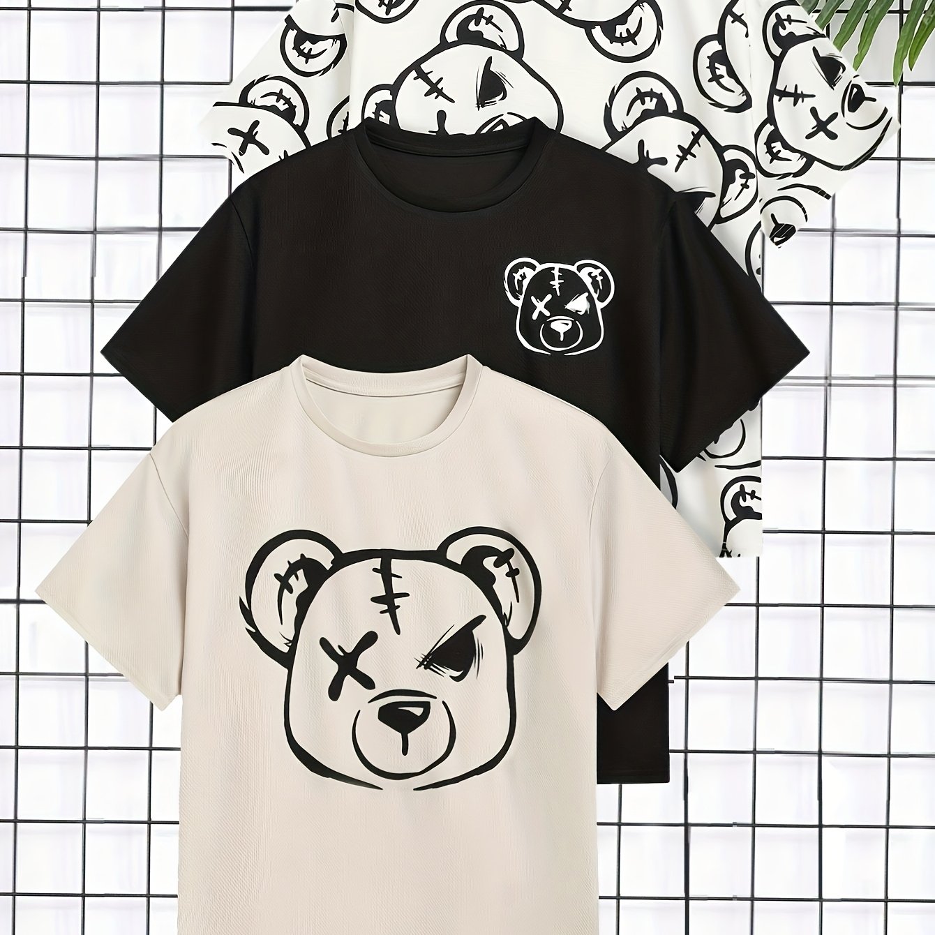 Boys' Summer Outing Bear Print Short Sleeve Top, Medium To Large Outing Versatile Top 3pcs Set
