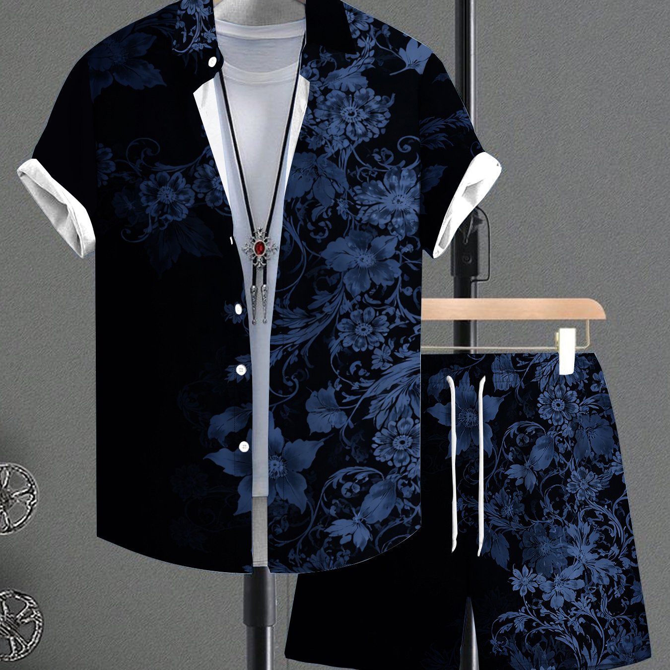TEMU Men's Summer Casual Print Short Sleeve Shirt And Drawstring Shorts 2pcs Set, Casual Print Fashion Versatile Outfit Shirt Short Shorts