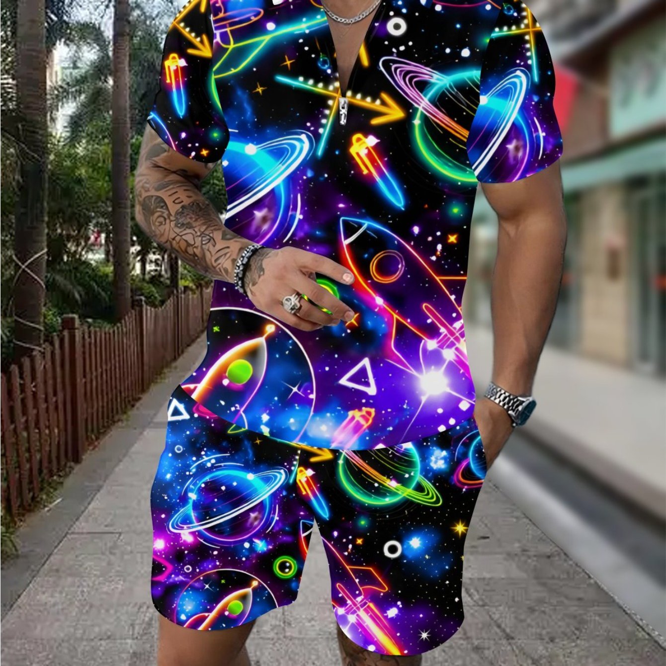 TEMU Heren Casual Trendy Set met Ritsshirt en Korte Broek met Neonprint van Melkweg, Ruimteschip, Raket, Planeet, Ster - Herenmode voor Volwassenen -