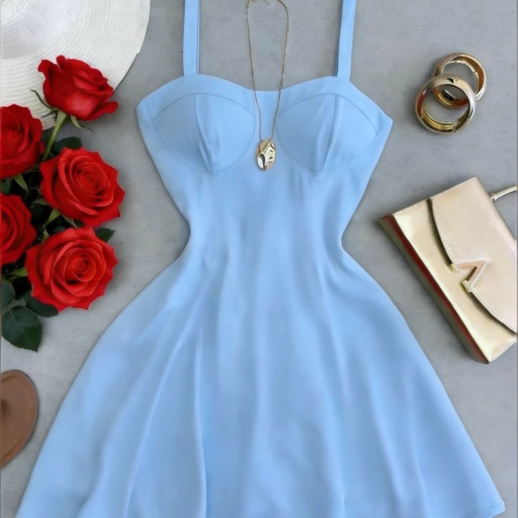 TEMU Vestido corto elegante de mujer con tirante y falda acampanada que realza los pechos, tirantes traseros ajustables