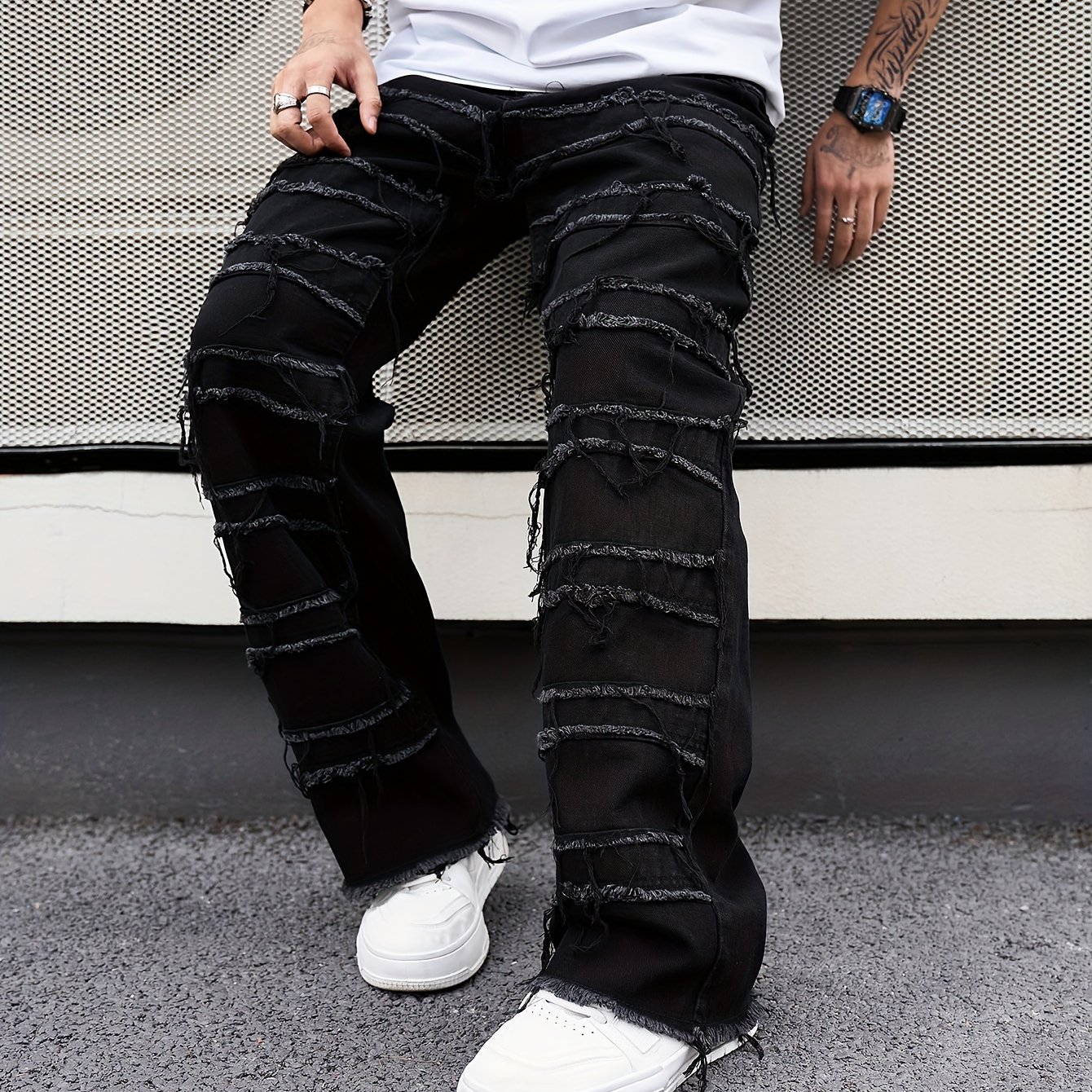 [ Men's Jeans] Loose Men's Style Jeans, Broken , Non-stretch, Solid Color, With Details, Stylish Braided Trousers For Clothing