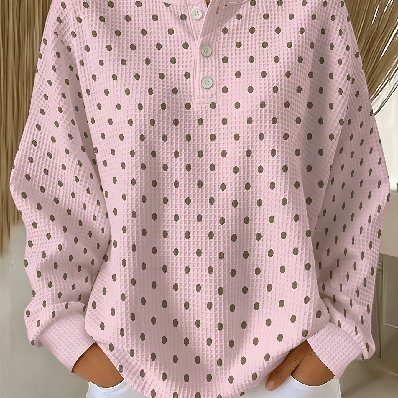TEMU Plus Size Waffle Sweatshirt, Vintage Blush Khaki Small Polka Dot Print, Gentle 3-button Round Neck Long Sleeve Sweater
