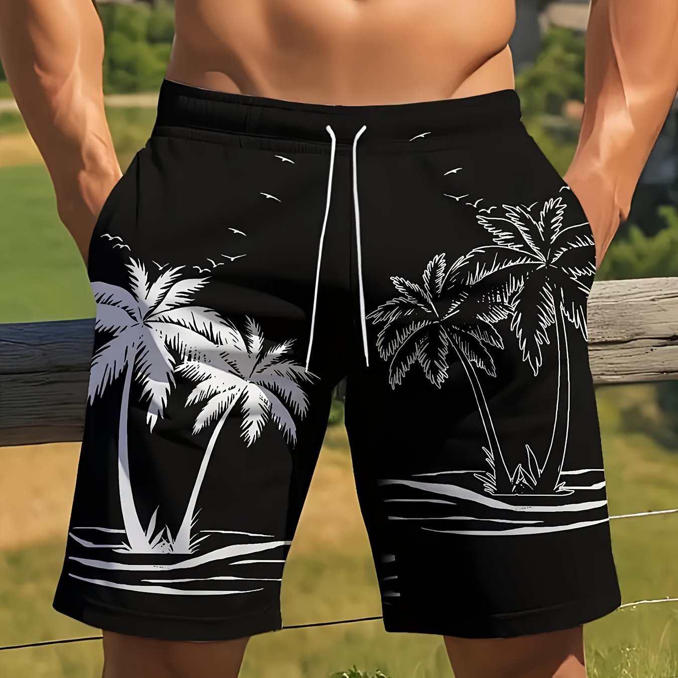 TEMU Plus Size Men's Quick-dry Swim Trunks With Print - Lightweight Beach Shorts - Elastic Drawstring Waist, Quick-dry Fabric, Casual Sportswear