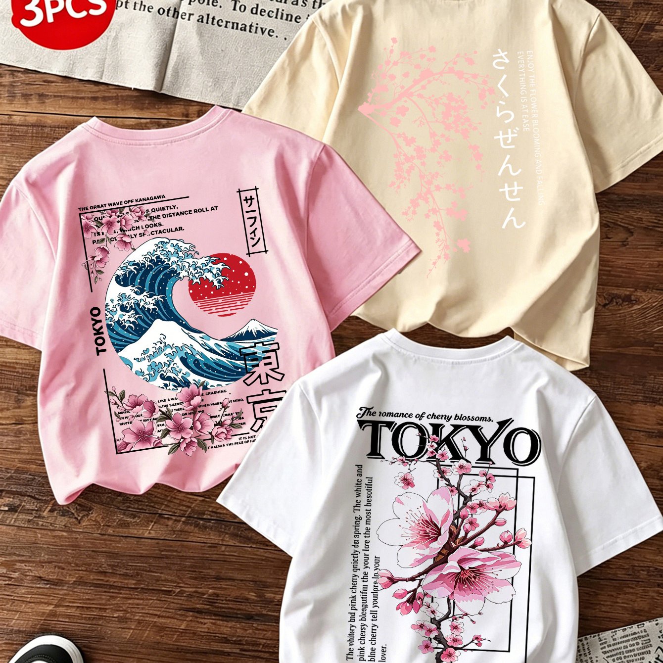 TEMU Ensemble de 3 T-shirts décontractés pour femmes, T-shirts d'été à manches courtes avec motif de , et impression TOKYO, Hauts à col rond de coupe